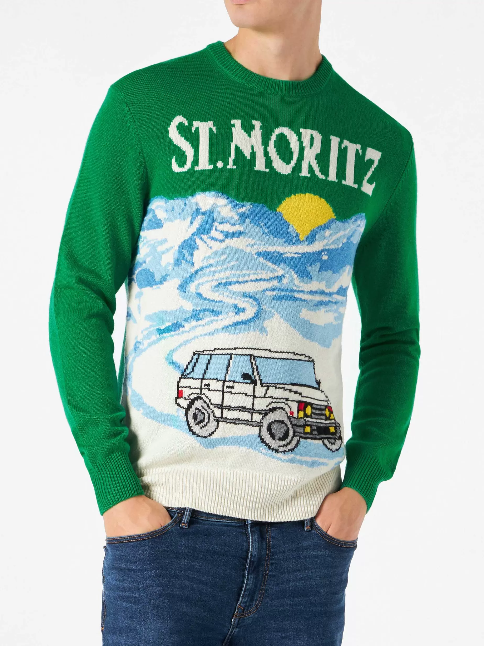 Fashion Maglia da uomo verde con stampa cartoline di St.Moritz Uomo Maglieria | Maglieria