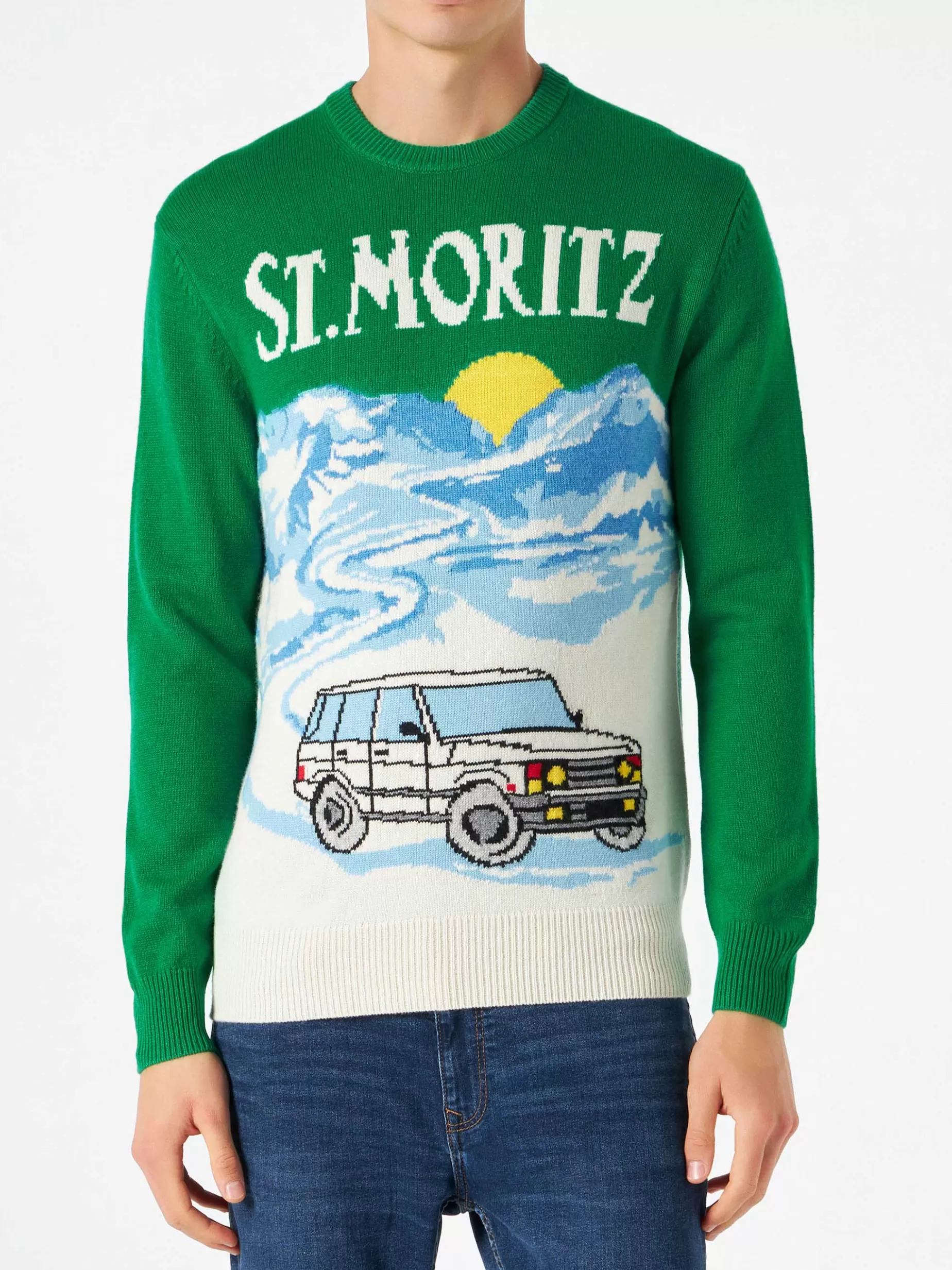 Fashion Maglia da uomo verde con stampa cartoline di St.Moritz Uomo Maglieria | Maglieria