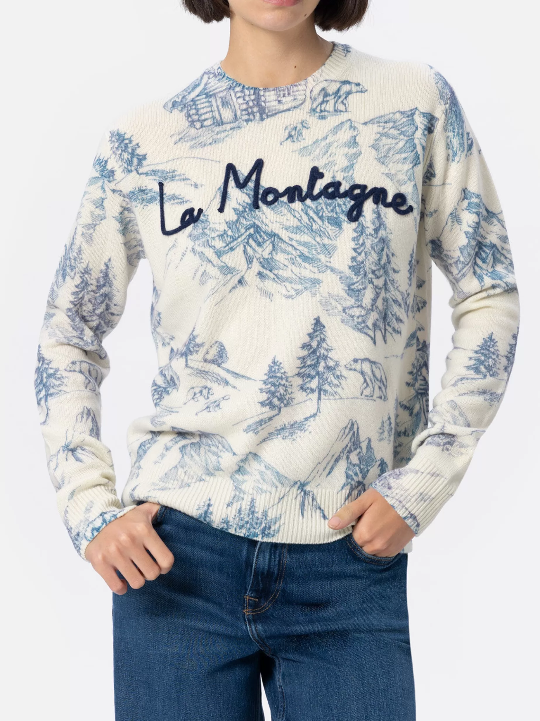 Store Maglione bianco da donna New Queen con stampa toile de jouy e ricamo La Montagne Donna Maglieria