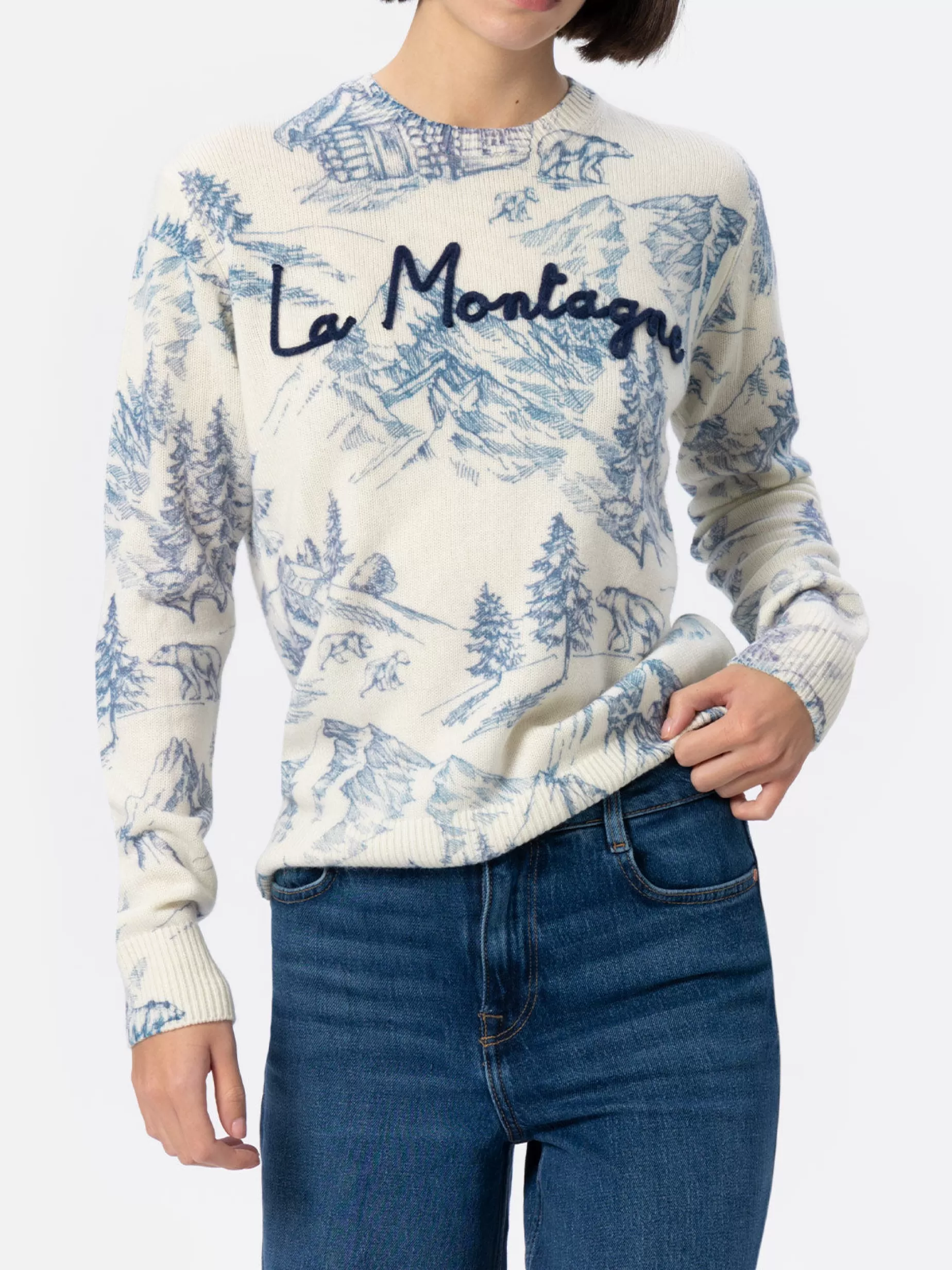 Store Maglione bianco da donna New Queen con stampa toile de jouy e ricamo La Montagne Donna Maglieria