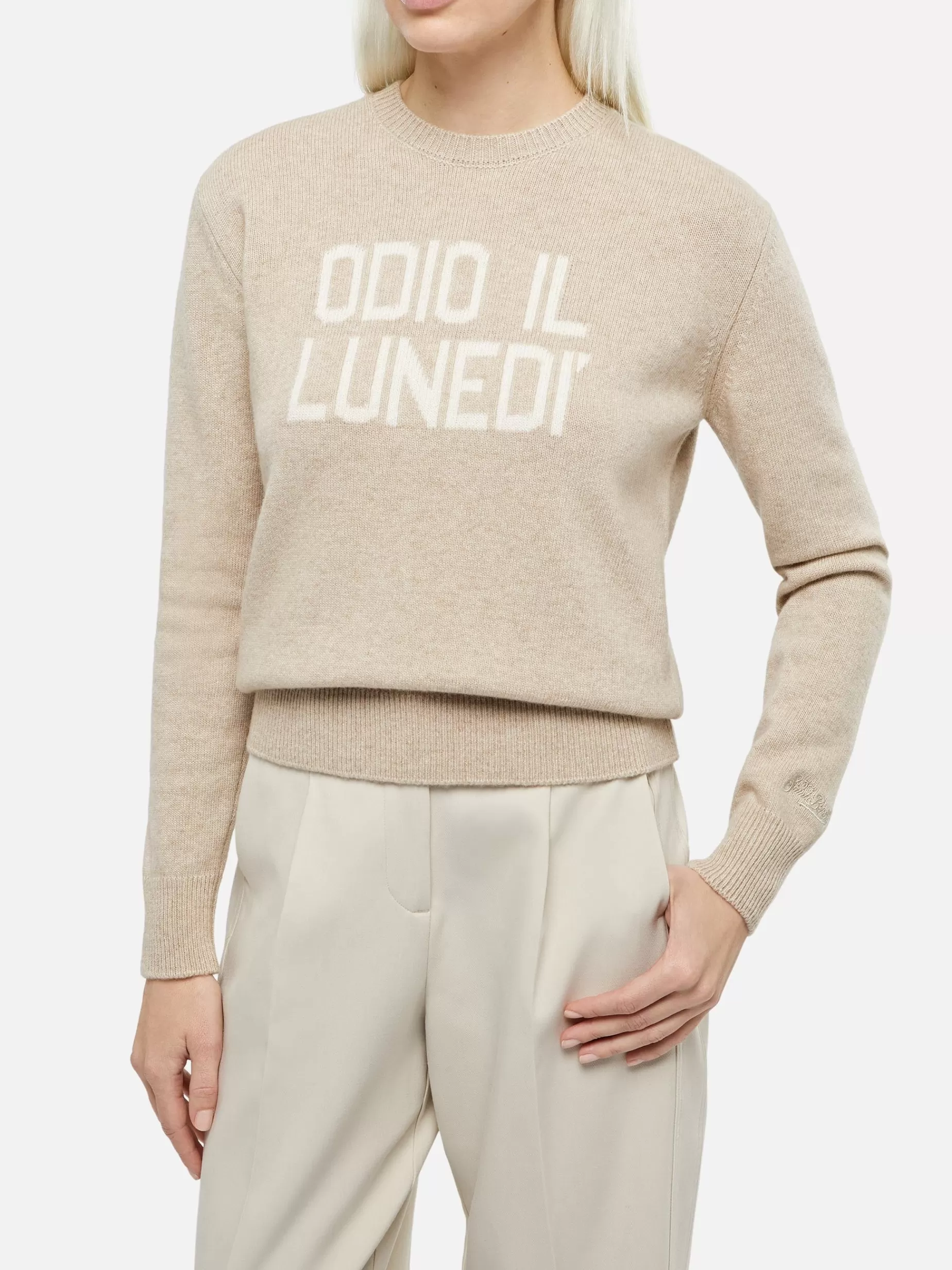 Shop Maglione da donna beige New Queen con stampa Odio il Lunedì Donna Maglieria