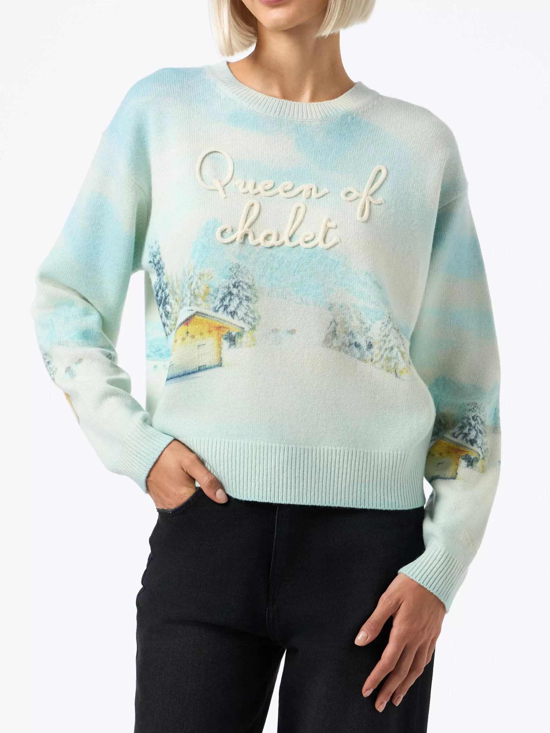 Hot Maglione da donna in misto cashmere Louise con stampa chalet e ricamo Queen of Chalet Donna Maglieria