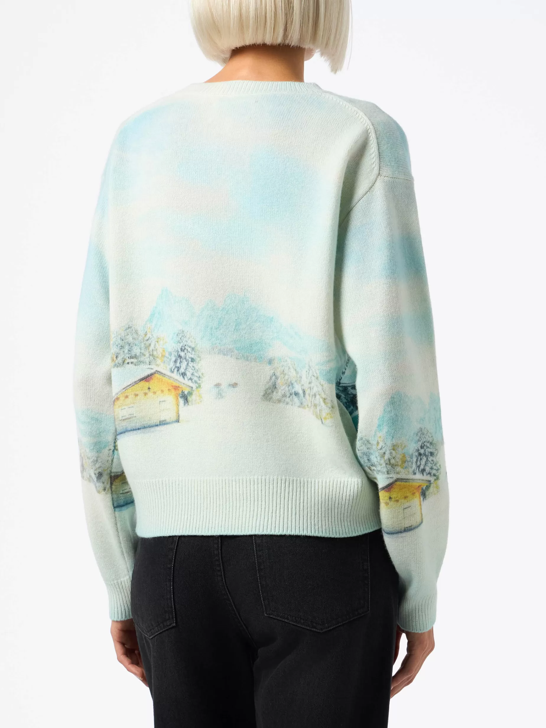 Hot Maglione da donna in misto cashmere Louise con stampa chalet e ricamo Queen of Chalet Donna Maglieria