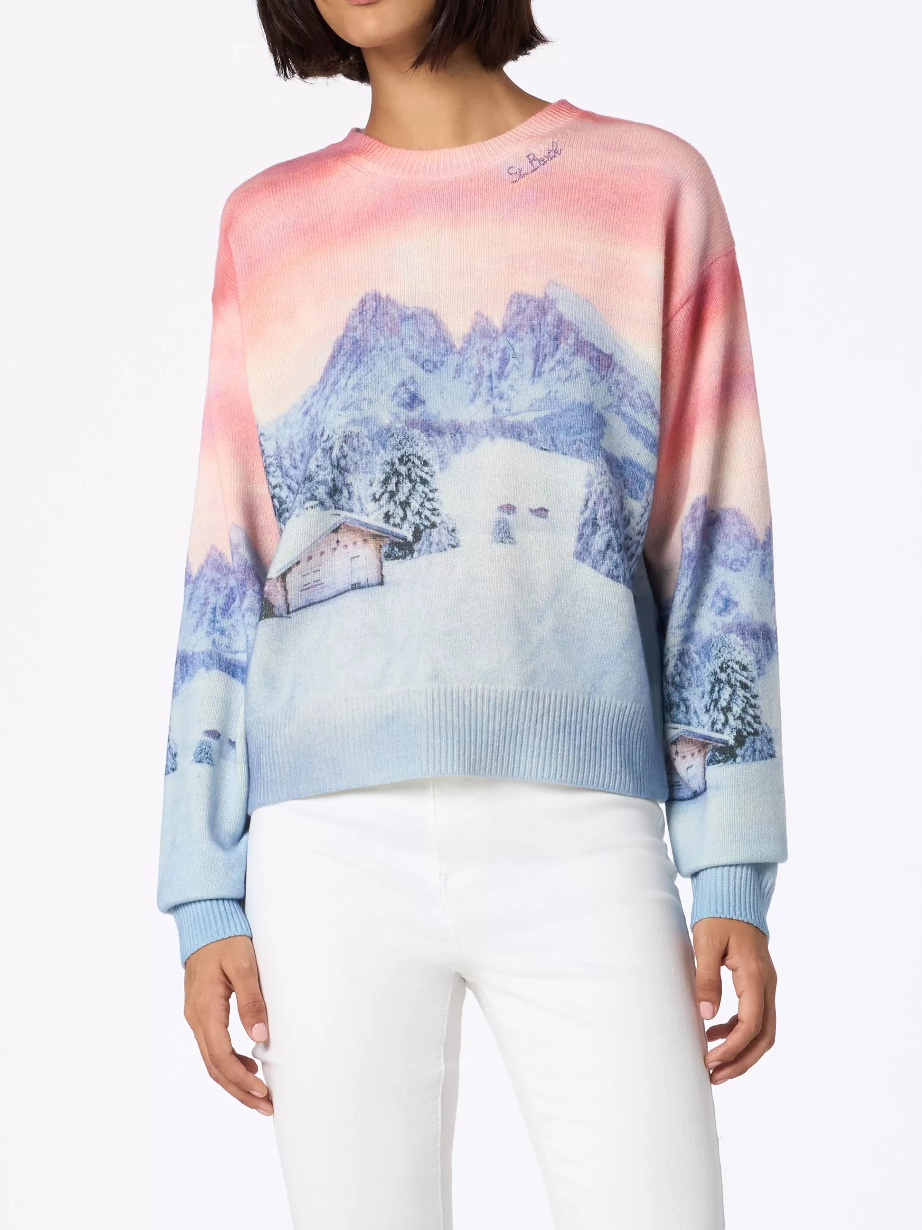 Shop Maglione da donna in misto cashmere Louise con stampa tramonto chalet Donna Maglieria