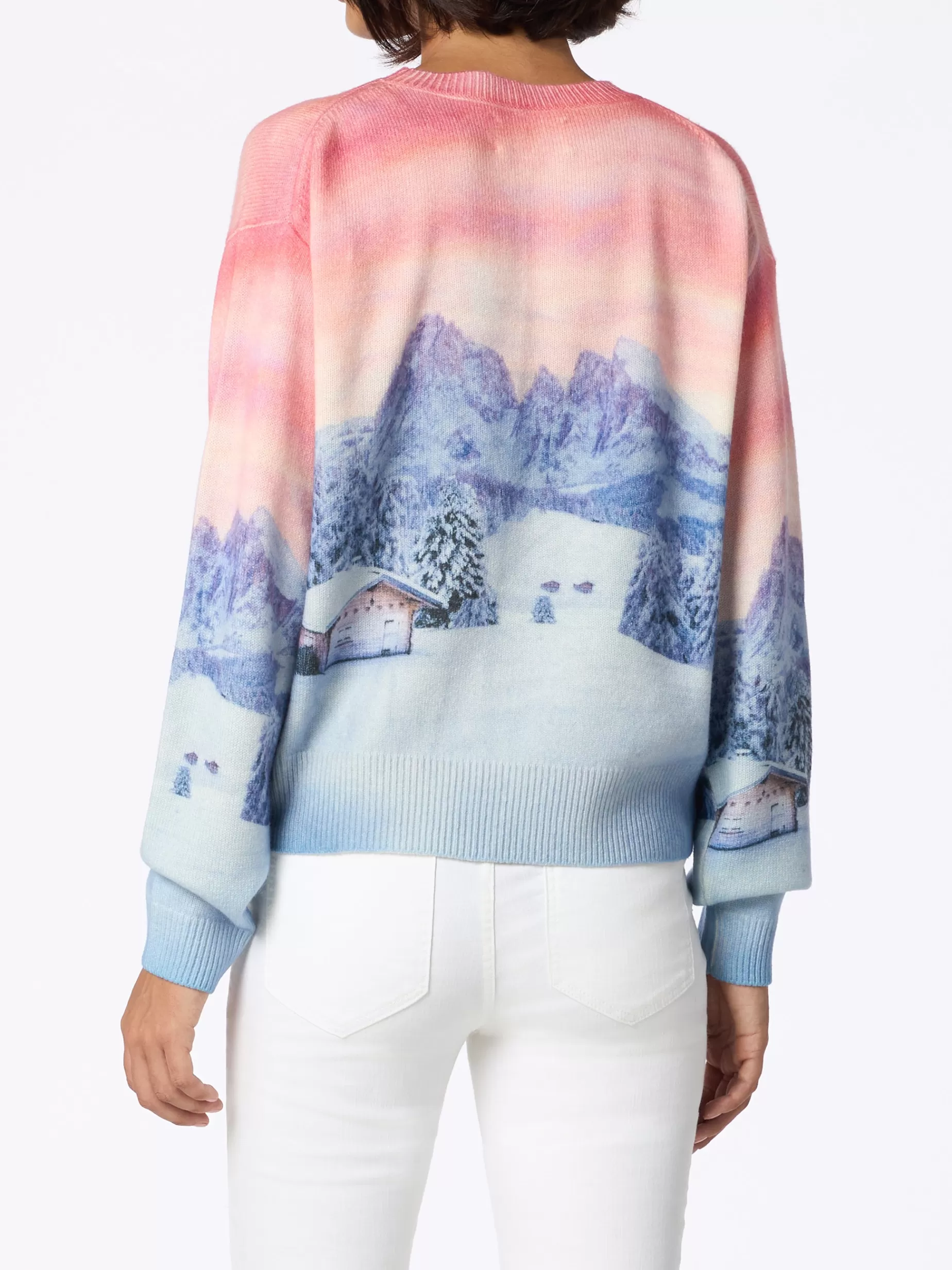 Shop Maglione da donna in misto cashmere Louise con stampa tramonto chalet Donna Maglieria