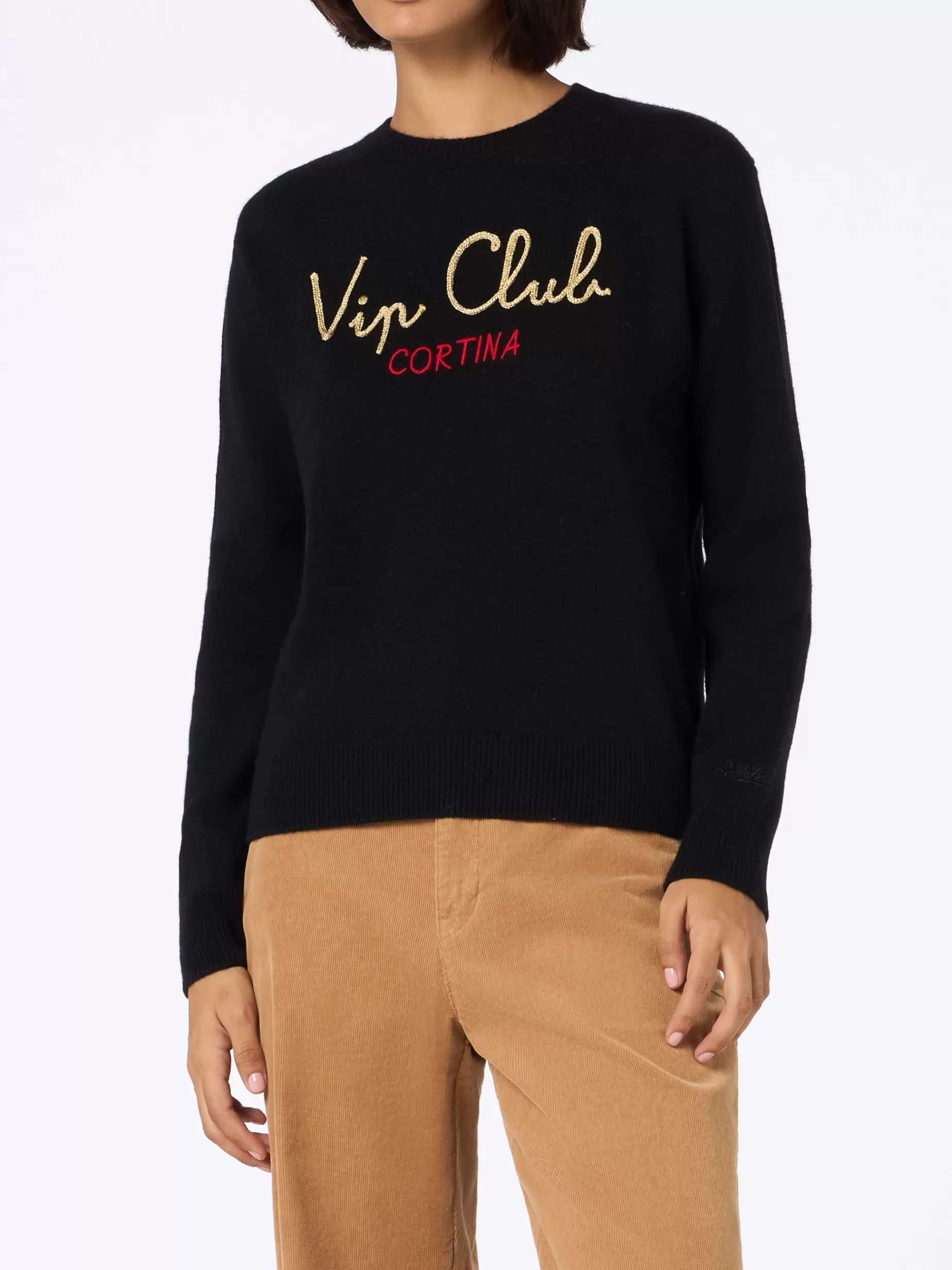 Fashion Maglione da donna nero New Queen con ricamo Vip club Cortina | VIP CLUB CORTINA SPECIAL EDITION Donna Maglieria