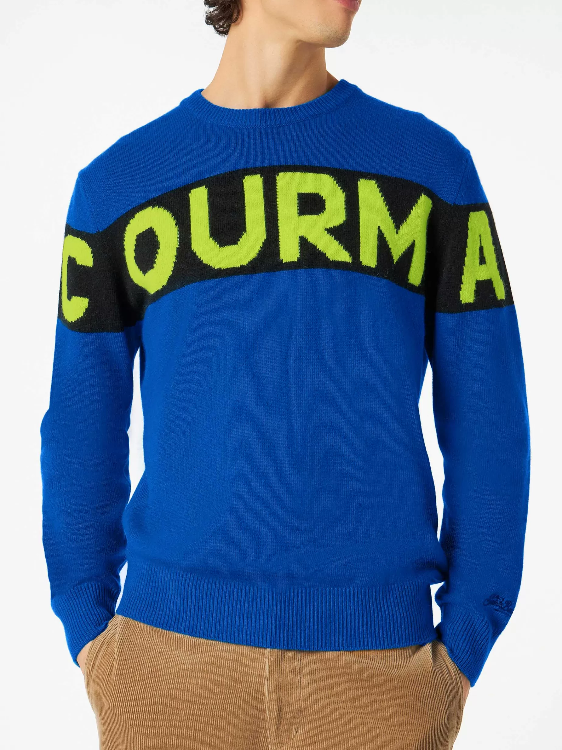 Outlet Maglione da uomo blu con scritta Courma Uomo Maglieria | Maglieria