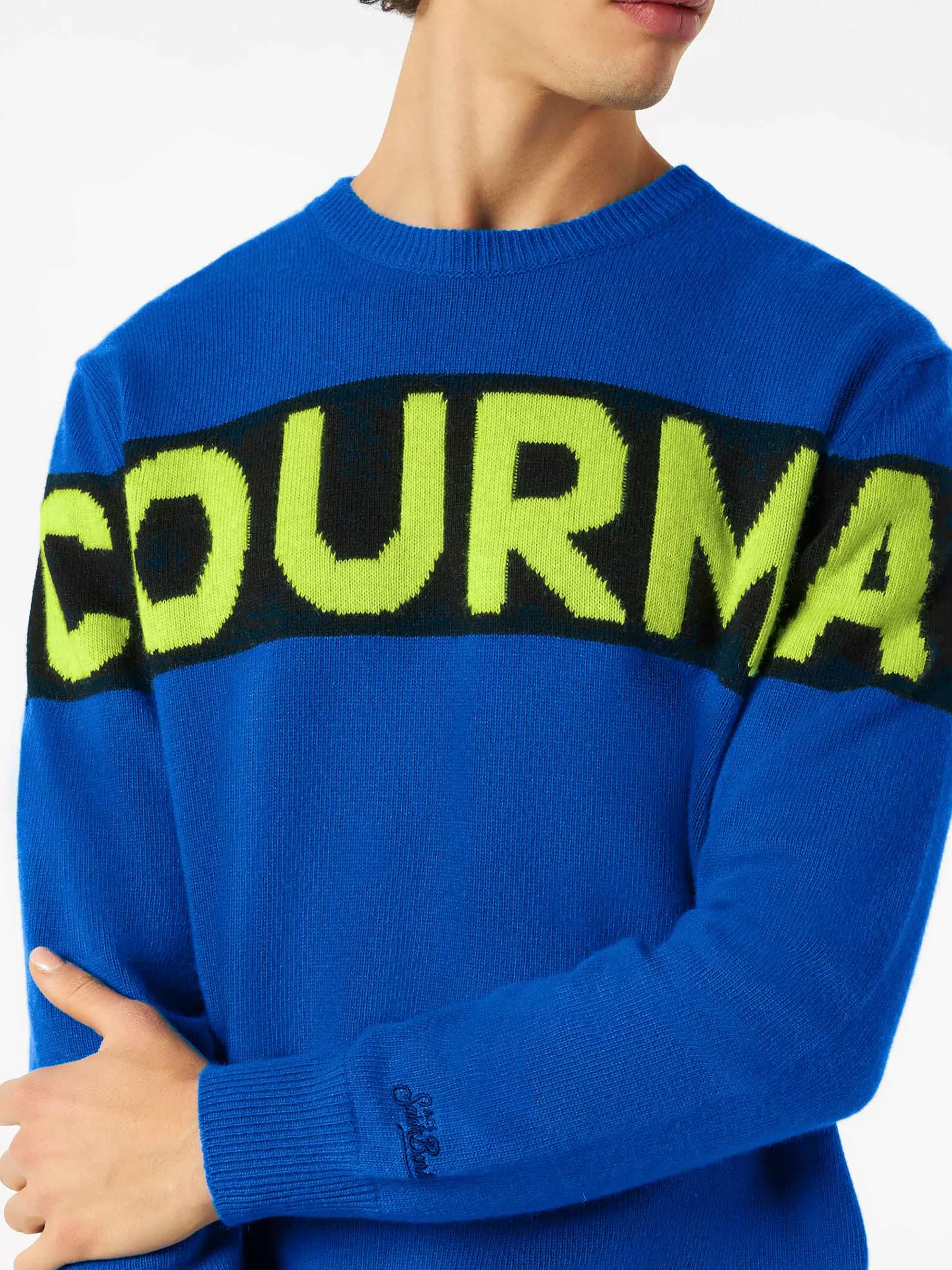 Outlet Maglione da uomo blu con scritta Courma Uomo Maglieria | Maglieria