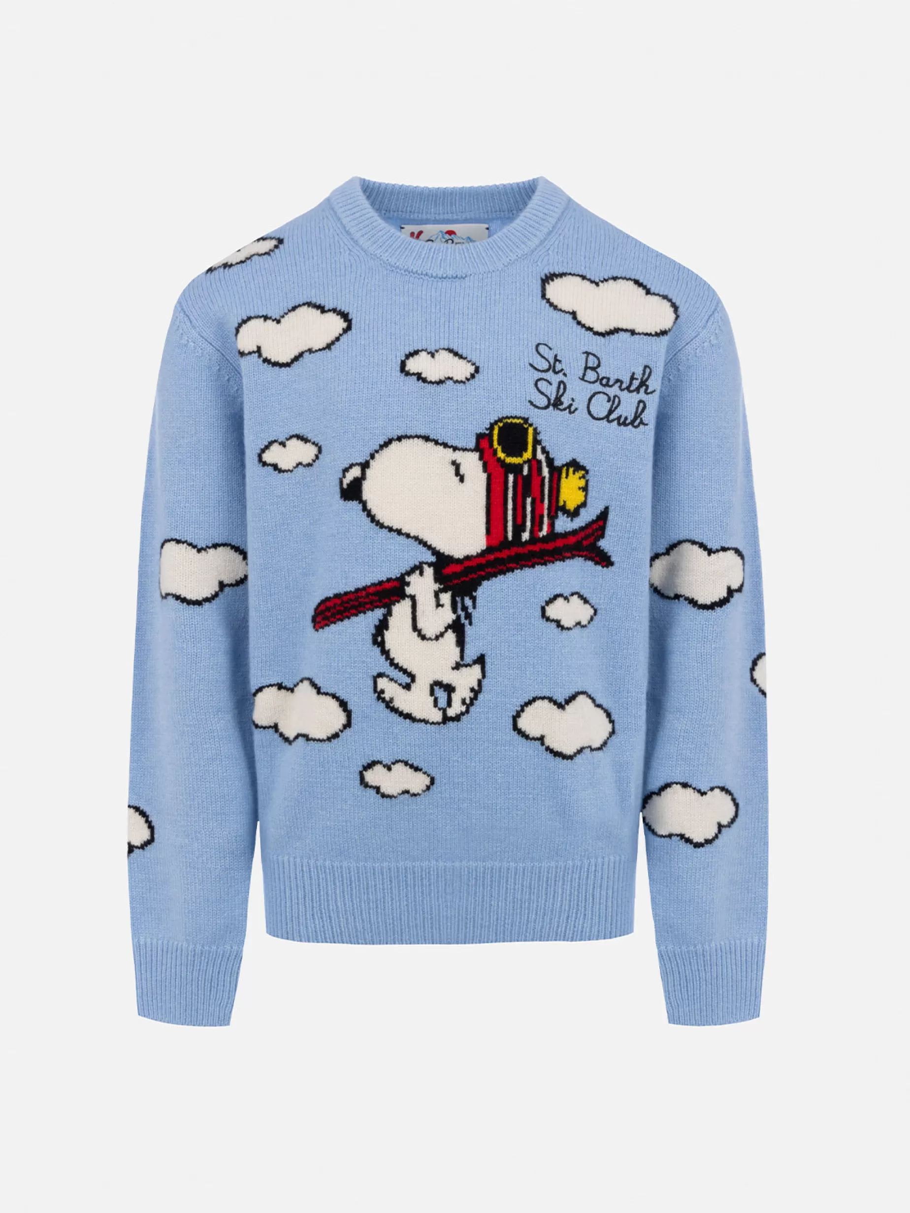 Shop Maglione girocollo azzurro chiaro da bambino Douglas con stampa sci Peanuts | SNOOPY PEANUTS SPECIAL EDITION Bambino Maglieria