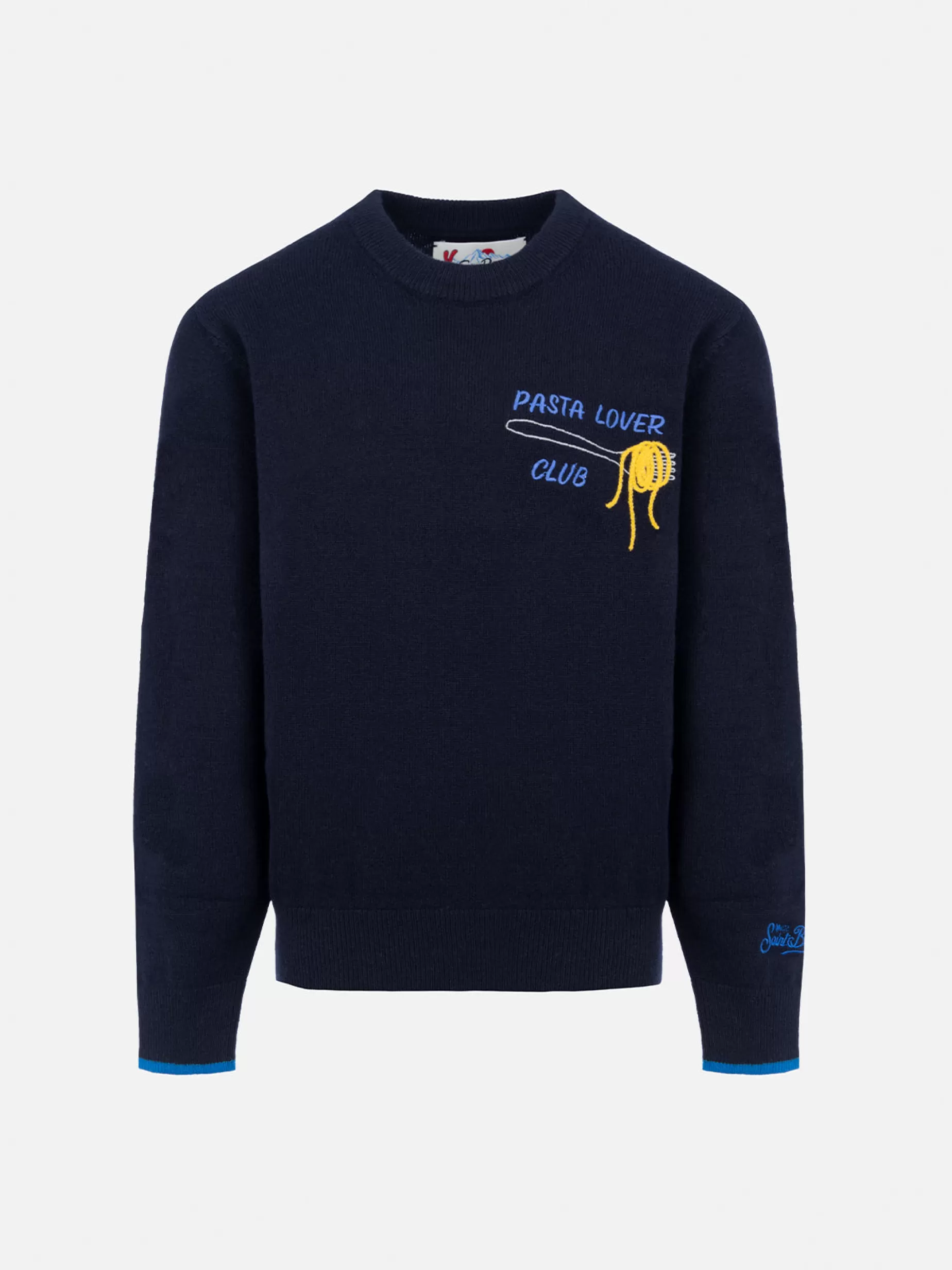 Hot Maglione girocollo blu da bambino Douglas Light con ricamo Pasta lover Bambino Maglieria | Maglieria