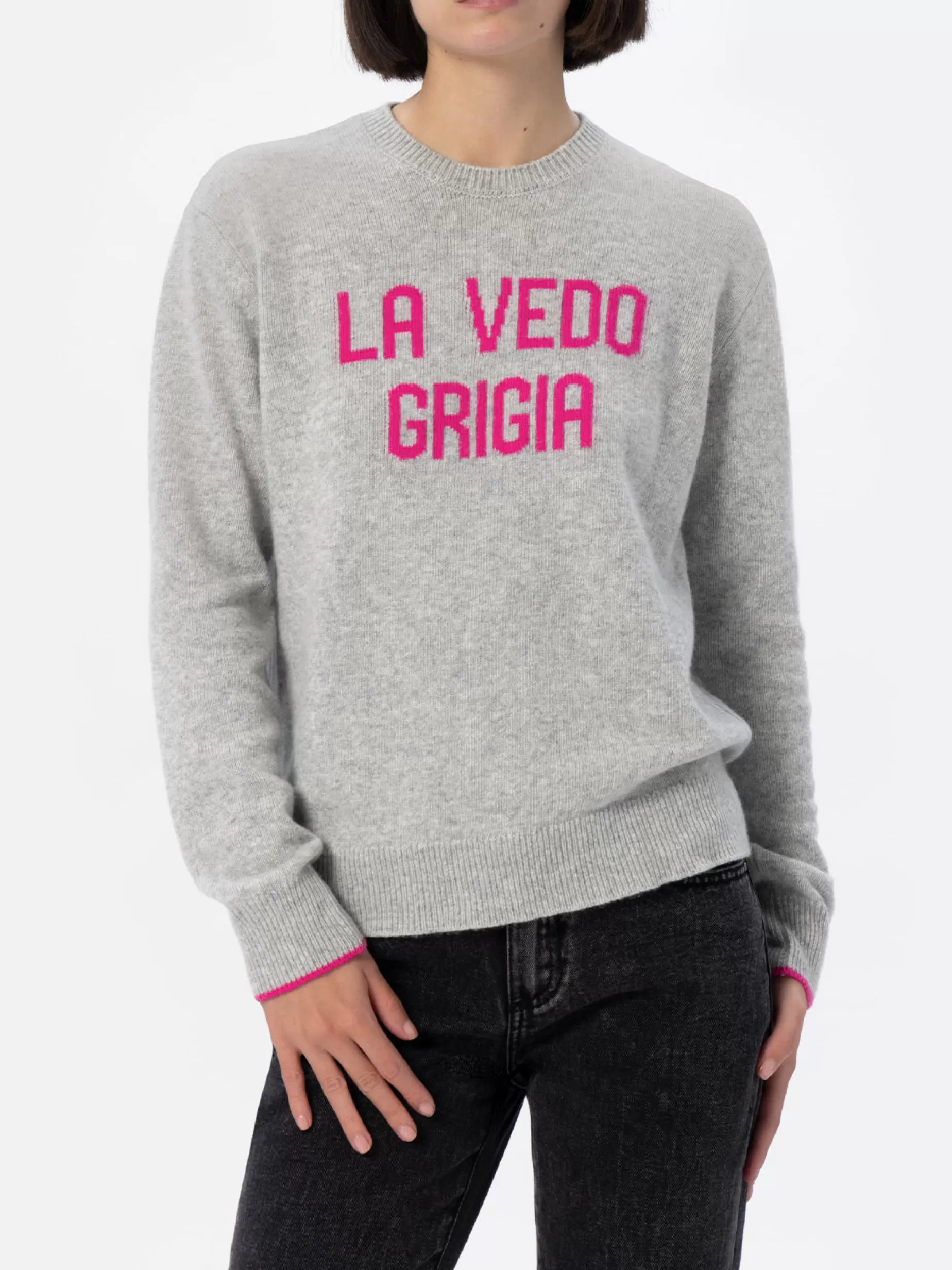 New Maglione grigio da donna New Queen con stampa La vedo grigia Donna Maglieria