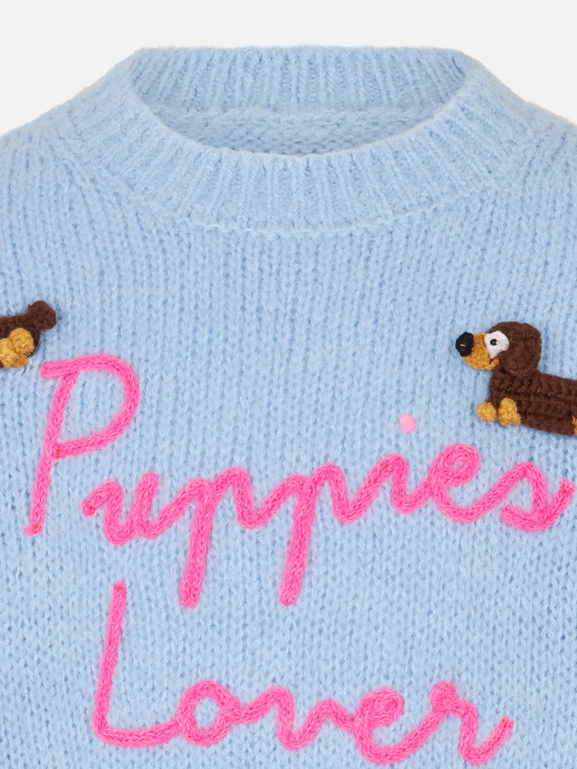 Outlet Maglione morbida girocollo da bambina con patch cani all'uncinetto e ricamo Puppies Lover Maglieria | Maglieria
