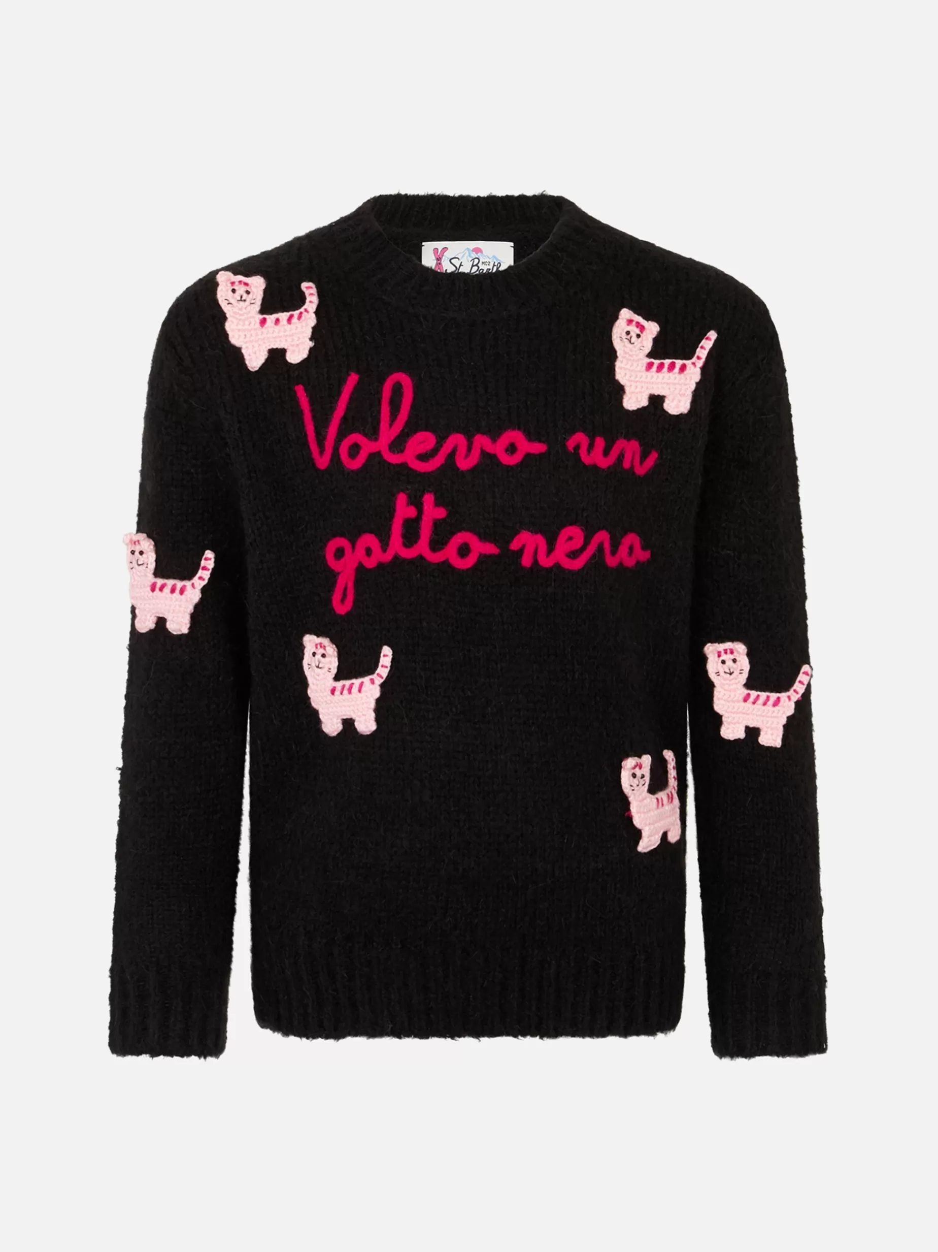 Best Maglione morbida girocollo da bambina con patch gatti all'uncinetto e ricamo Volevo un Gatto Nero Maglieria | Maglieria