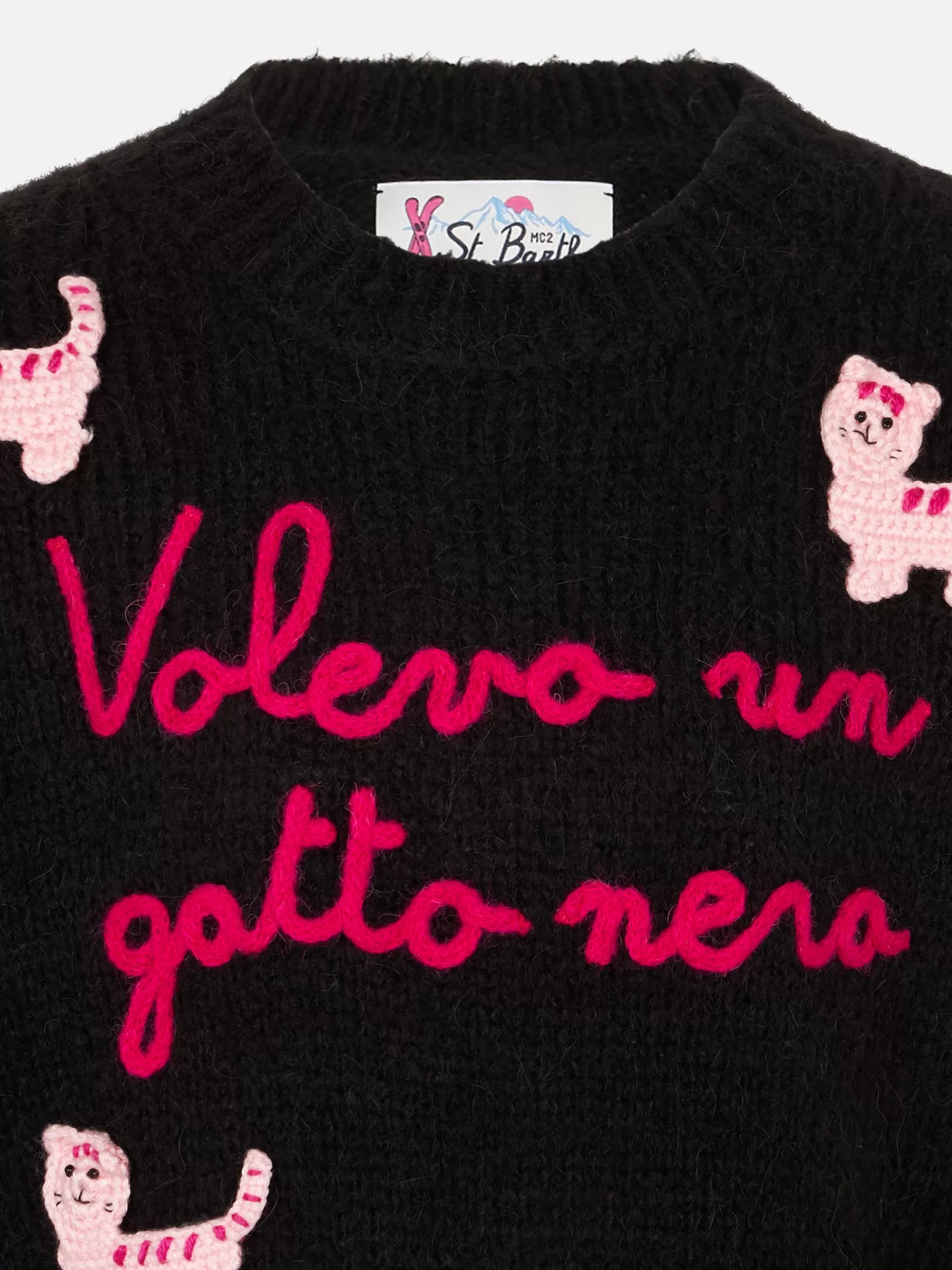Best Maglione morbida girocollo da bambina con patch gatti all'uncinetto e ricamo Volevo un Gatto Nero Maglieria | Maglieria