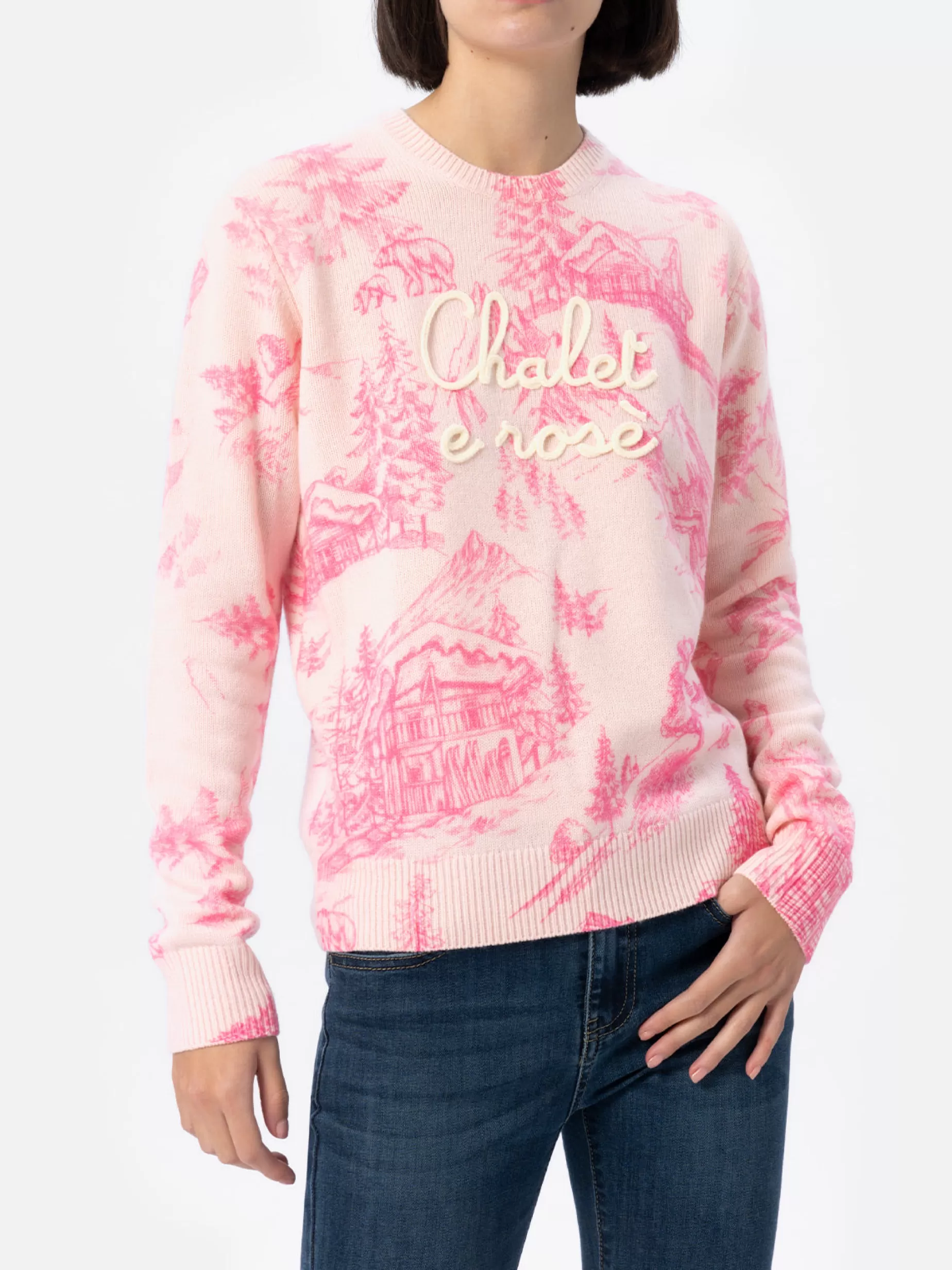 Outlet Maglione rosa da donna New Queen con stampa toile de jouy e ricamo Chalet e Rosè Donna Maglieria