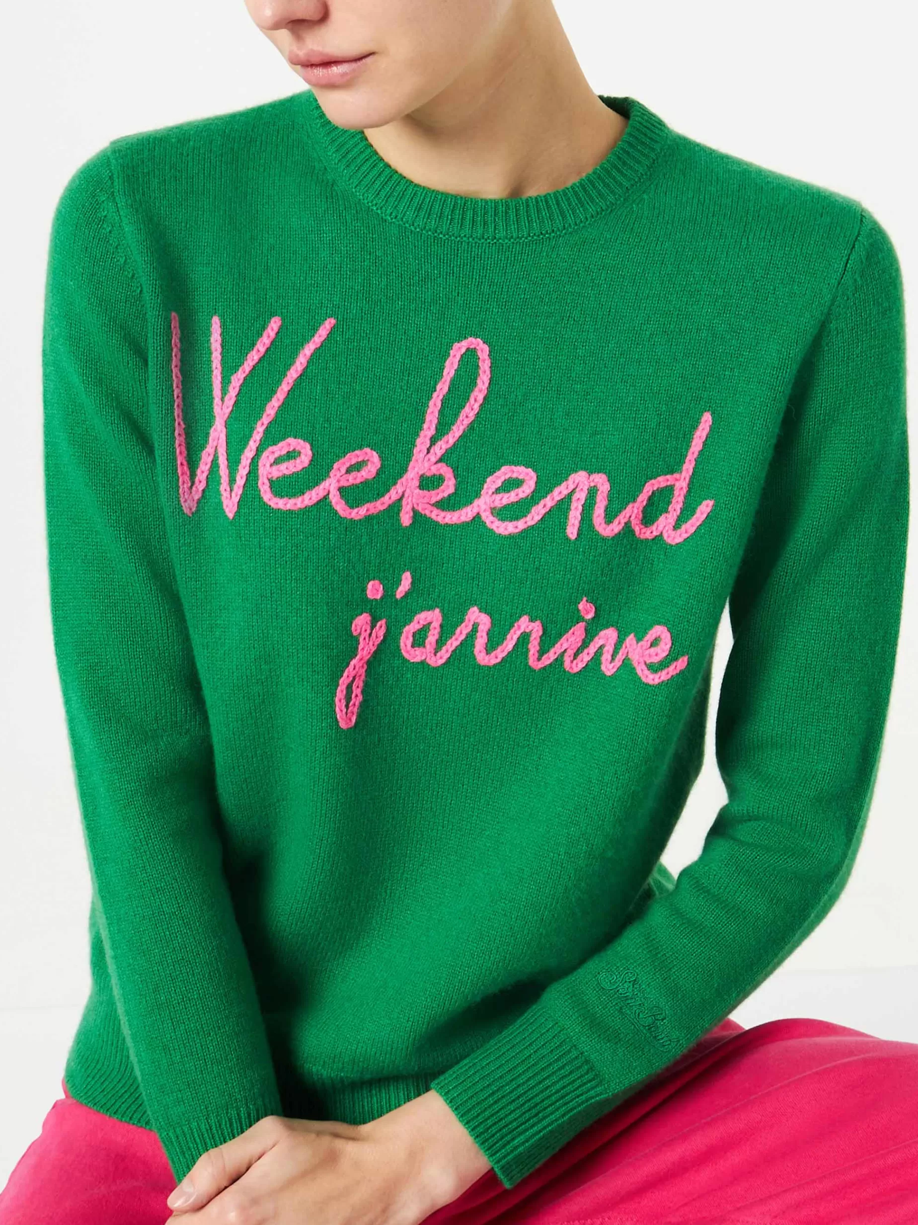 Cheap Maglione verde con ricamo Weekend j'arrive rosa fluo Donna Maglieria