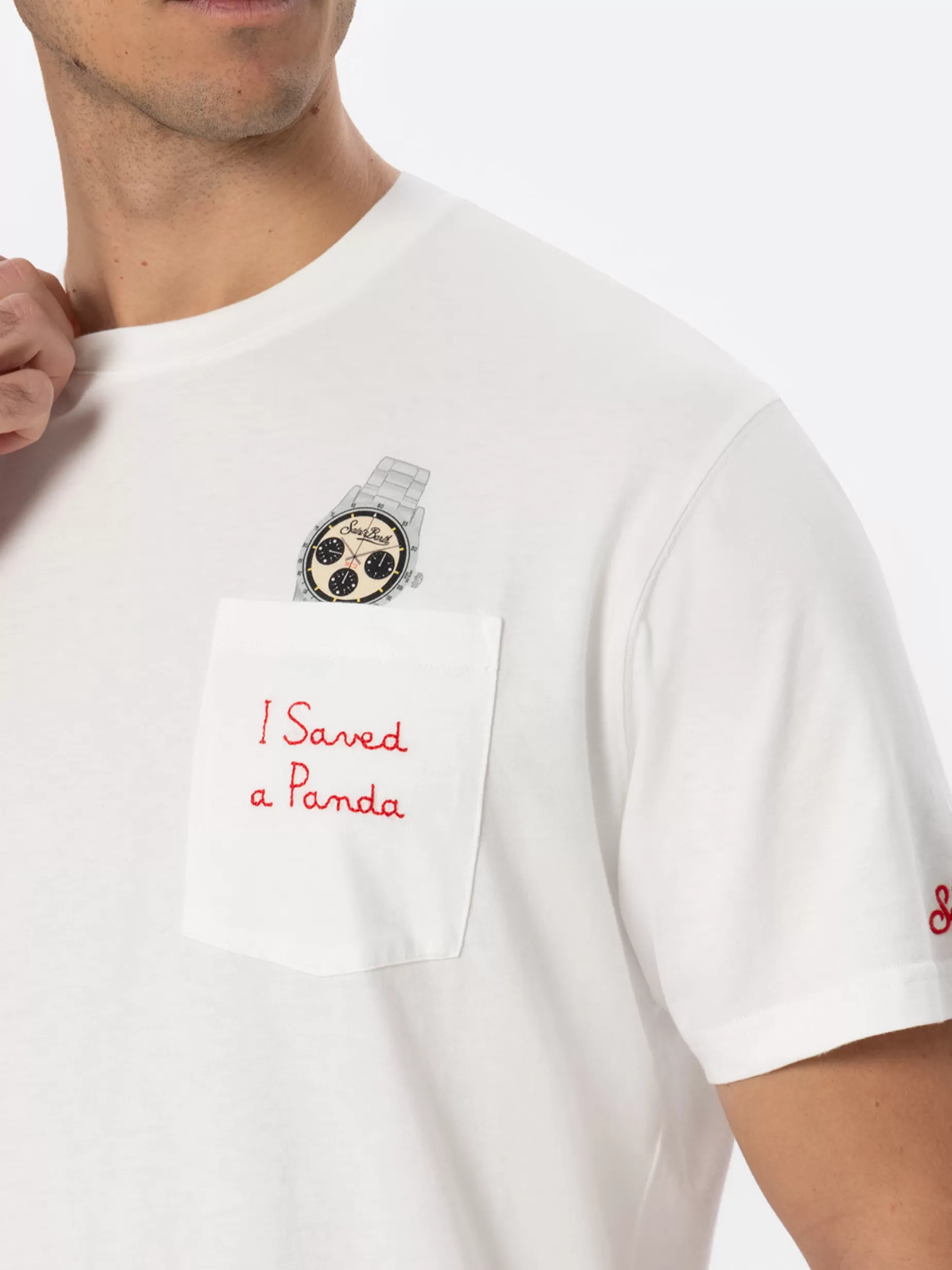 Best Sale Man white cotton t-shirt Connor with I saved a panda embroidery Uomo T-shirts