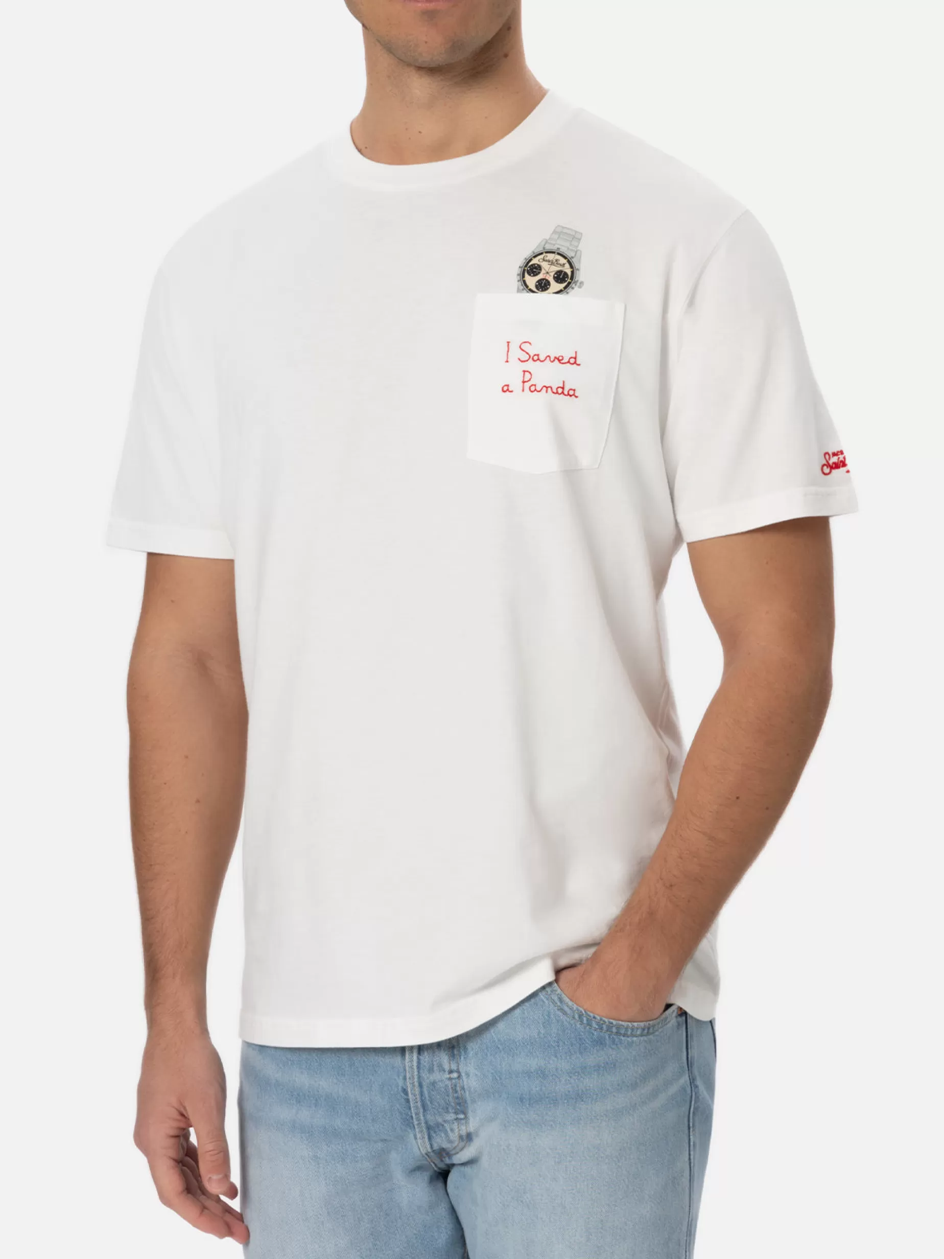Best Sale Man white cotton t-shirt Connor with I saved a panda embroidery Uomo T-shirts