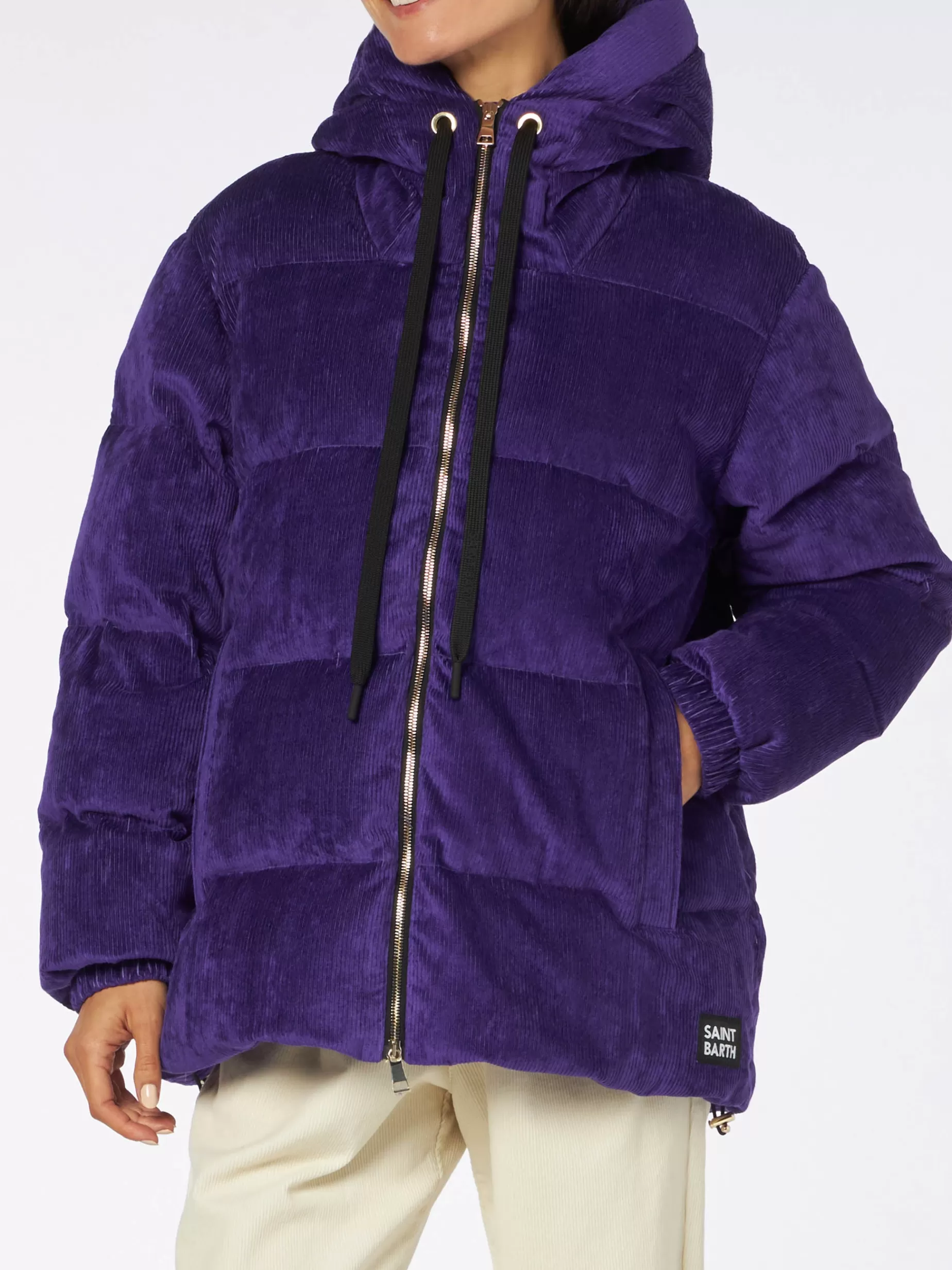 Best Piumino da donna imbottito in velluto a coste viola con cappuccio Donna Capispalla