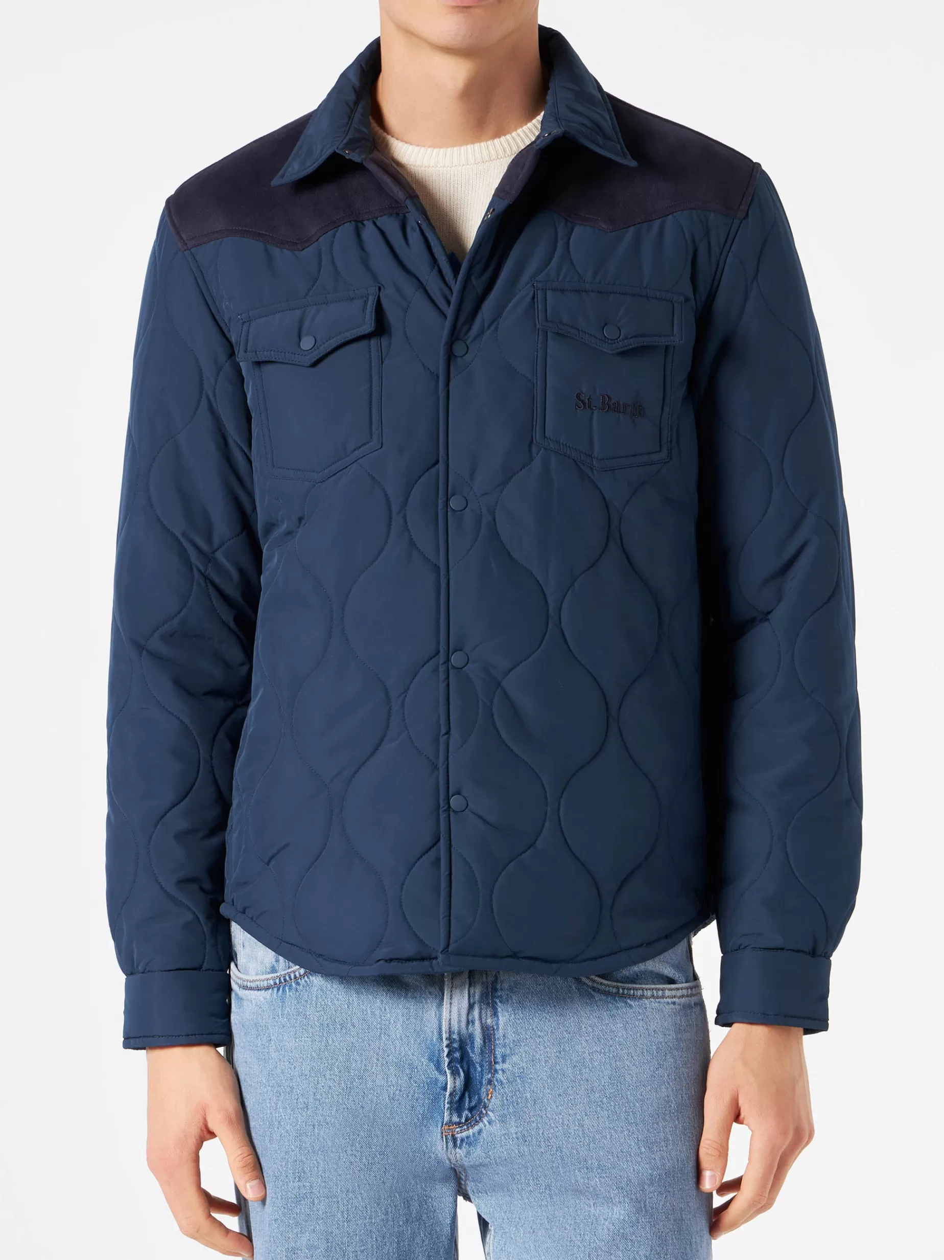 Cheap Sovracamicia blu navy imbottita da uomo con tasche a toppa Uomo Overshirts And Jackets