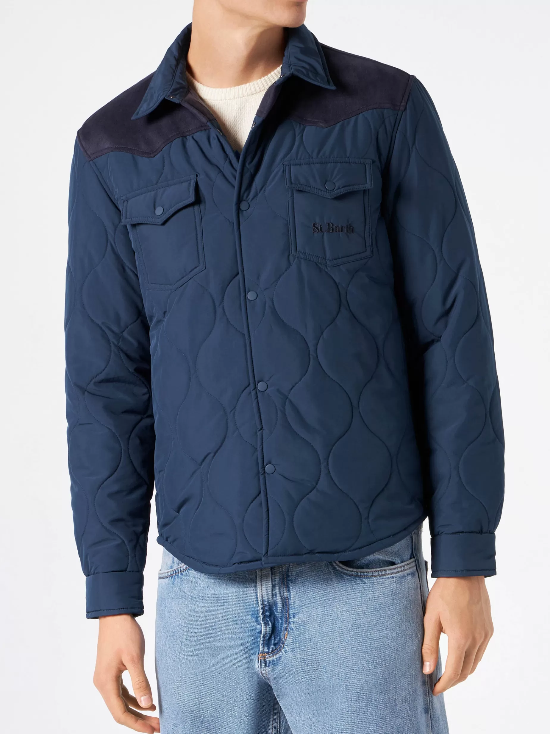 Cheap Sovracamicia blu navy imbottita da uomo con tasche a toppa Uomo Overshirts And Jackets