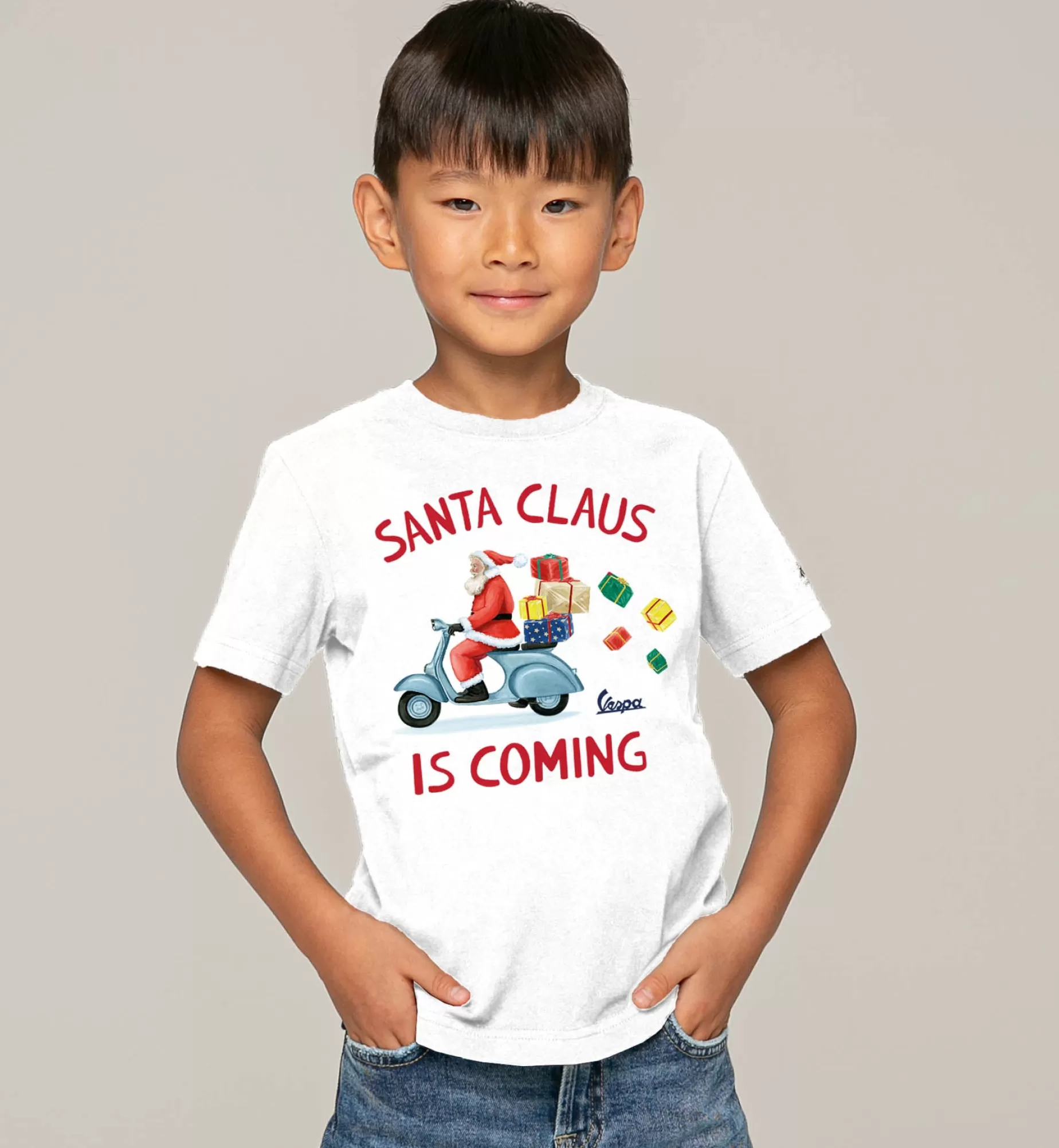 Best Sale T-shirt bianca da bambino con stampa Santa Claus is coming - Vespa Special Edition ® Bambino T-shirts