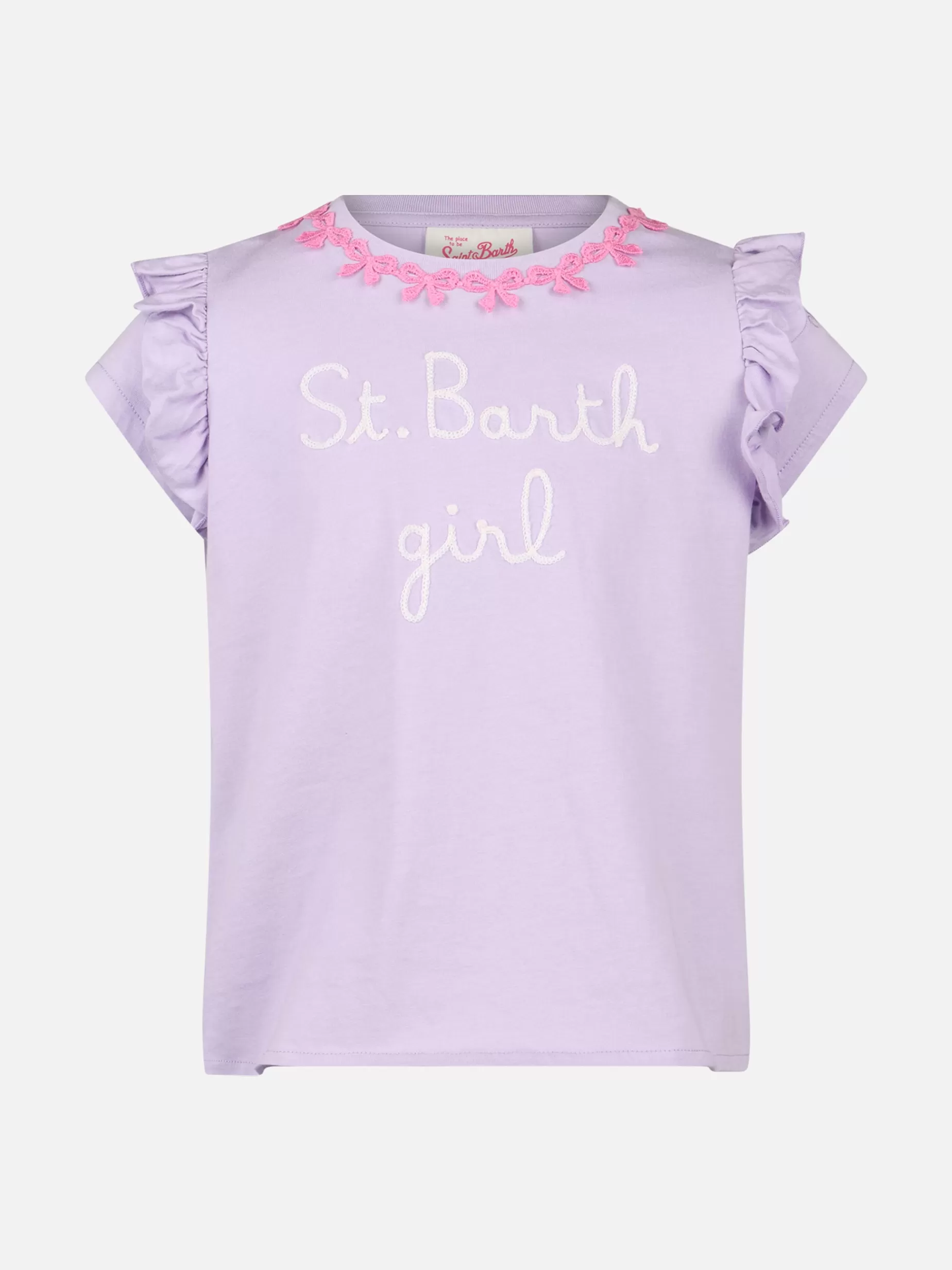 Fashion T-shirt da bambina in cotone con balza e ricamo T-shirt E Top