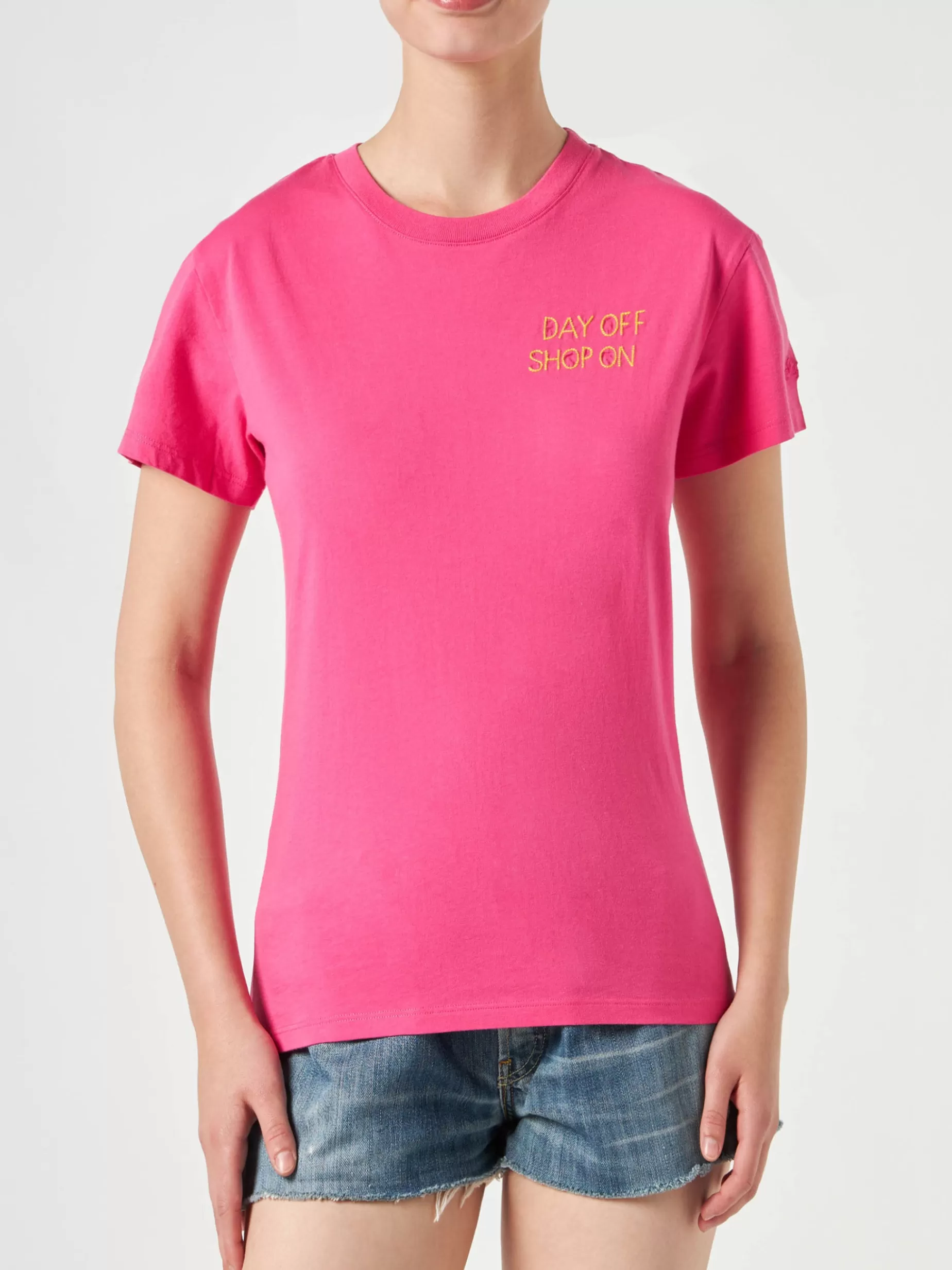 Store T-shirt da donna fucsia in cotone con ricamo Donna T-shirt