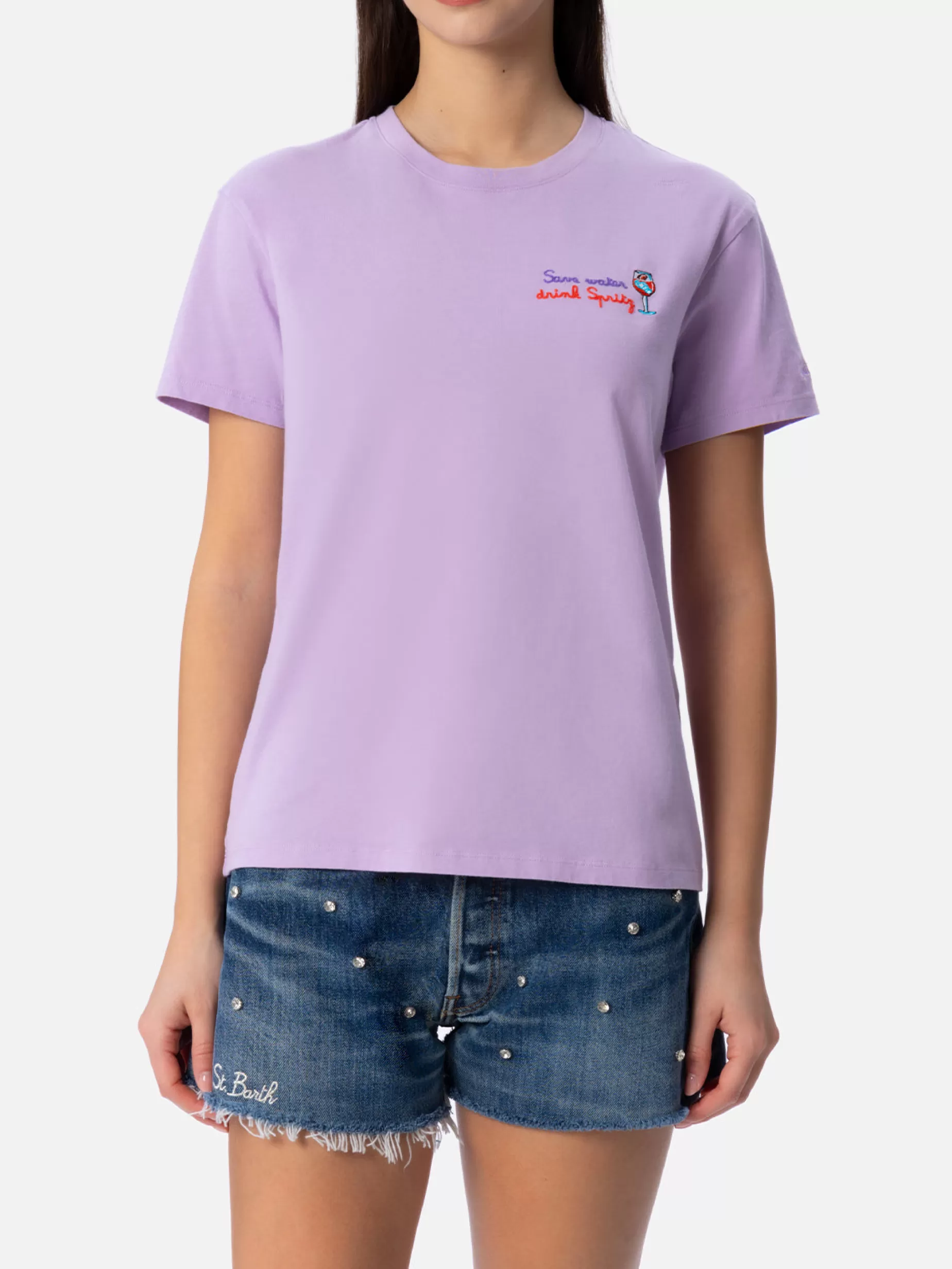 Best T-shirt da donna girocollo Emilie in jersey di cotone con ricamo Save water drink Spritz Donna T-shirt