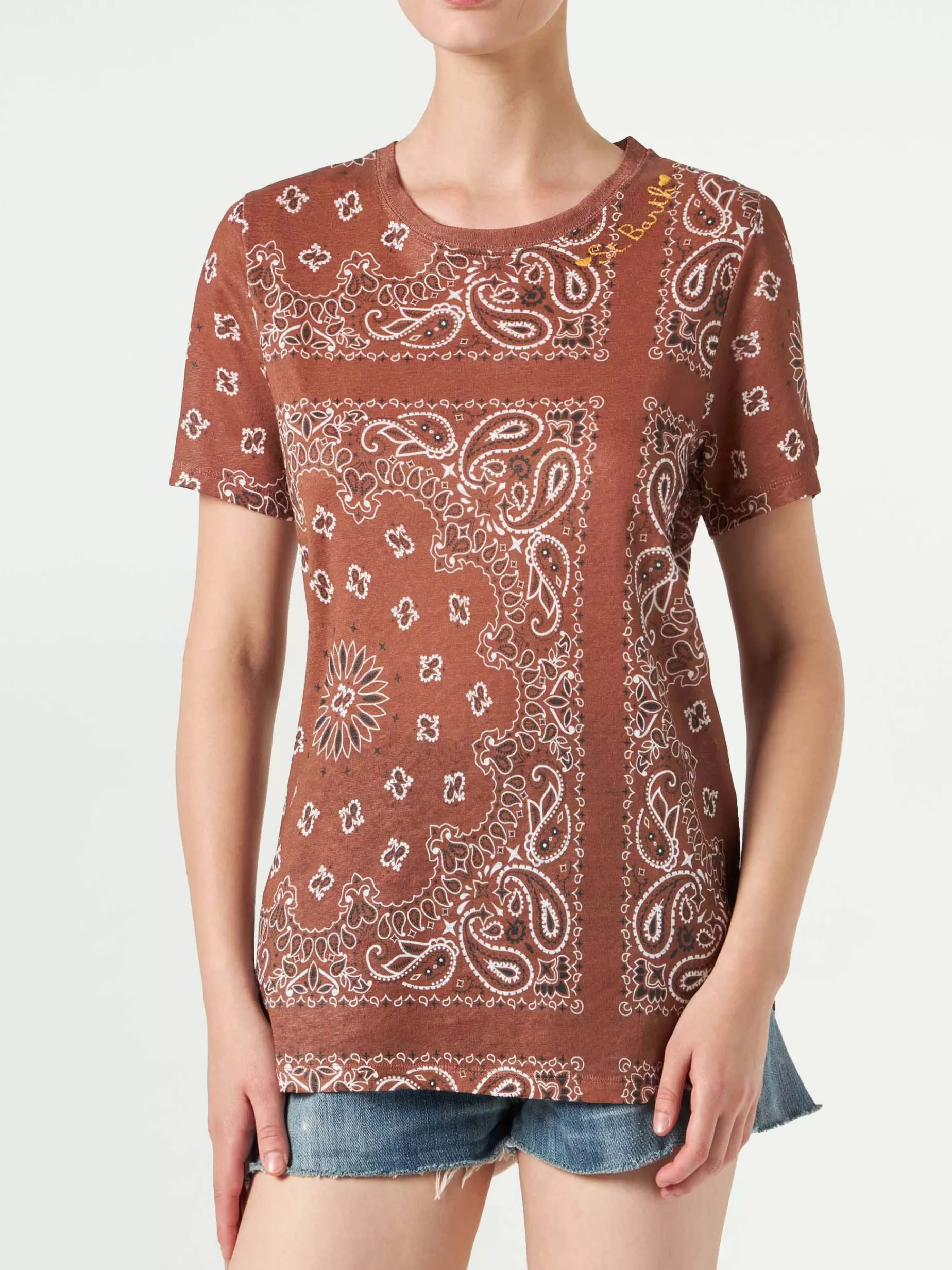 Store T-shirt da donna in lino con stampa bandana Donna T-shirt