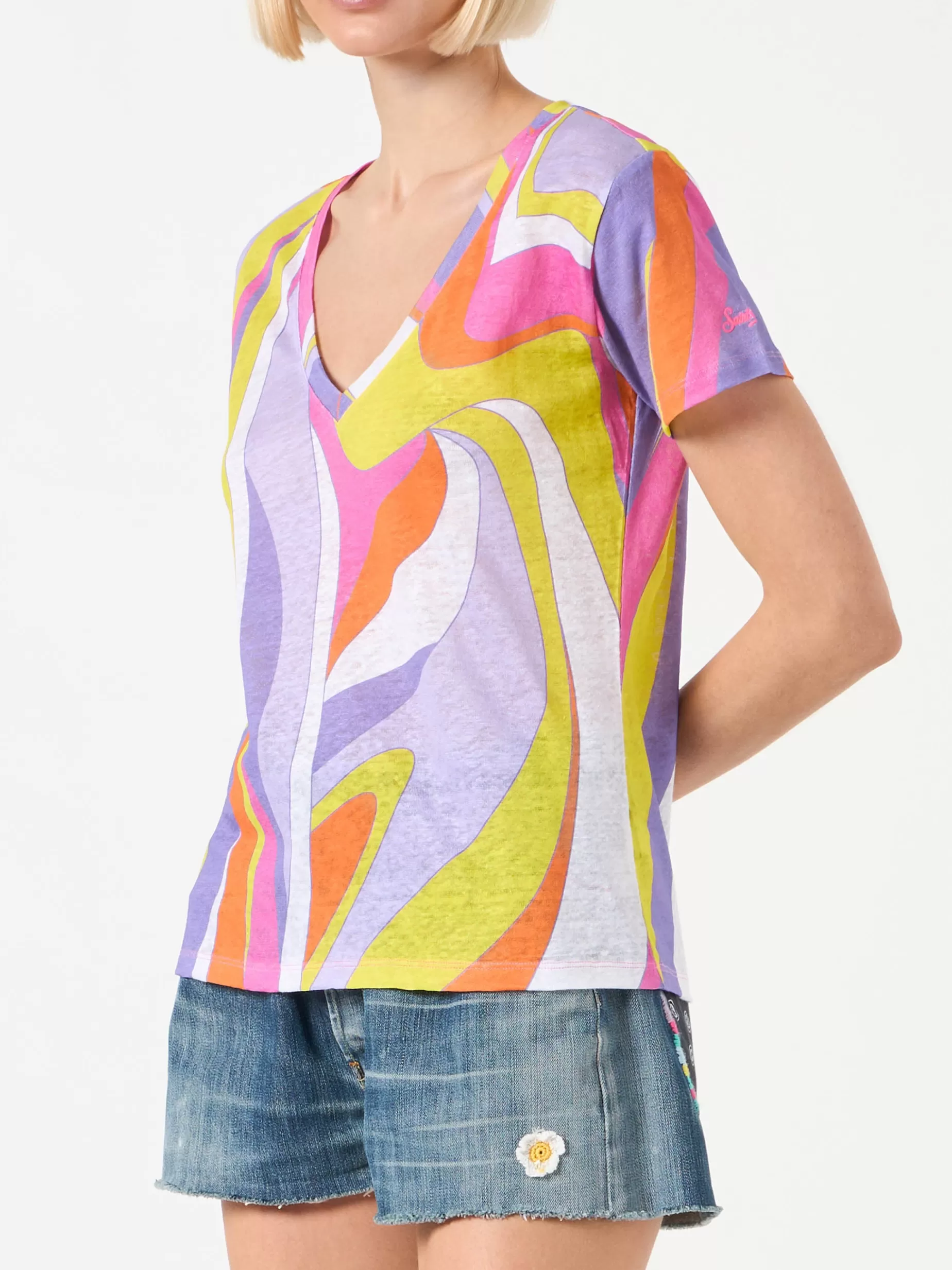 Hot T-shirt da donna in lino con stampa onde Donna T-shirt