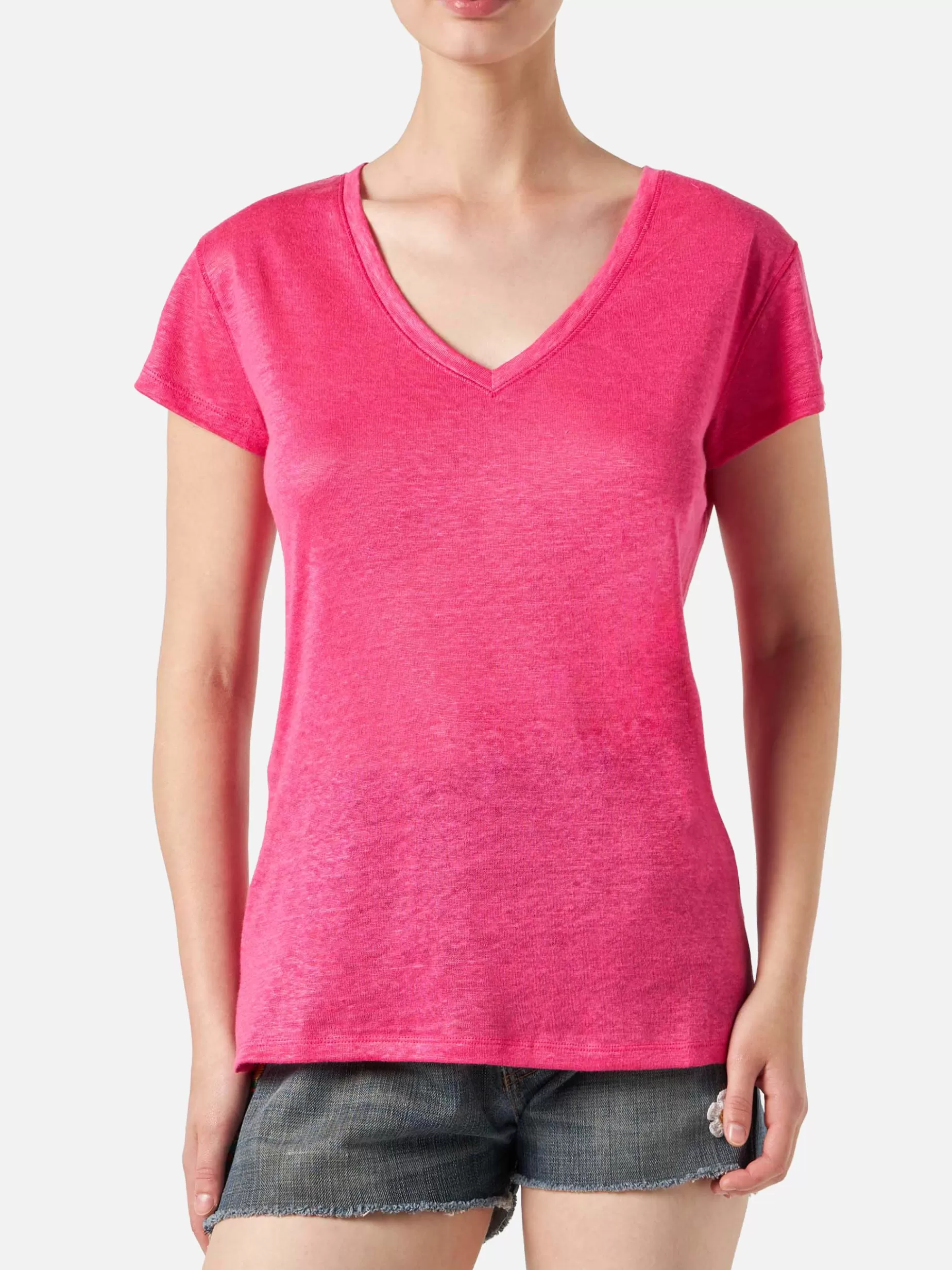 Cheap T-shirt da donna in lino fucsia Donna T-shirt