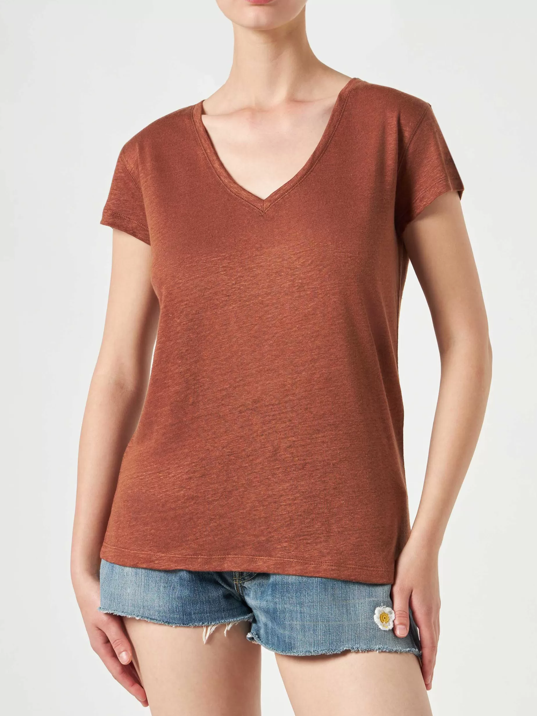 Online T-shirt da donna in lino marrone Donna T-shirt