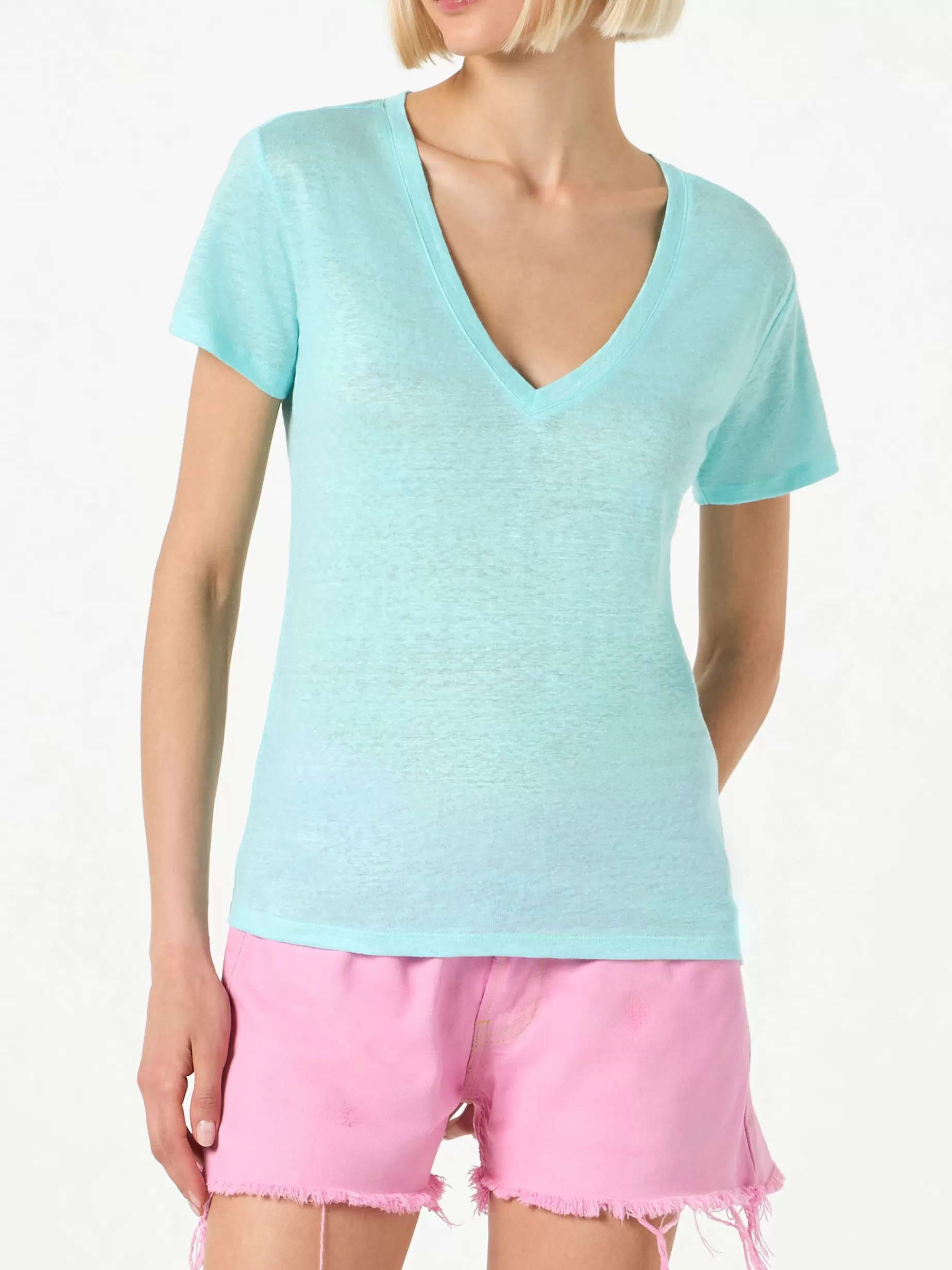 Flash Sale T-shirt da donna in lino verde acqua Donna T-shirt