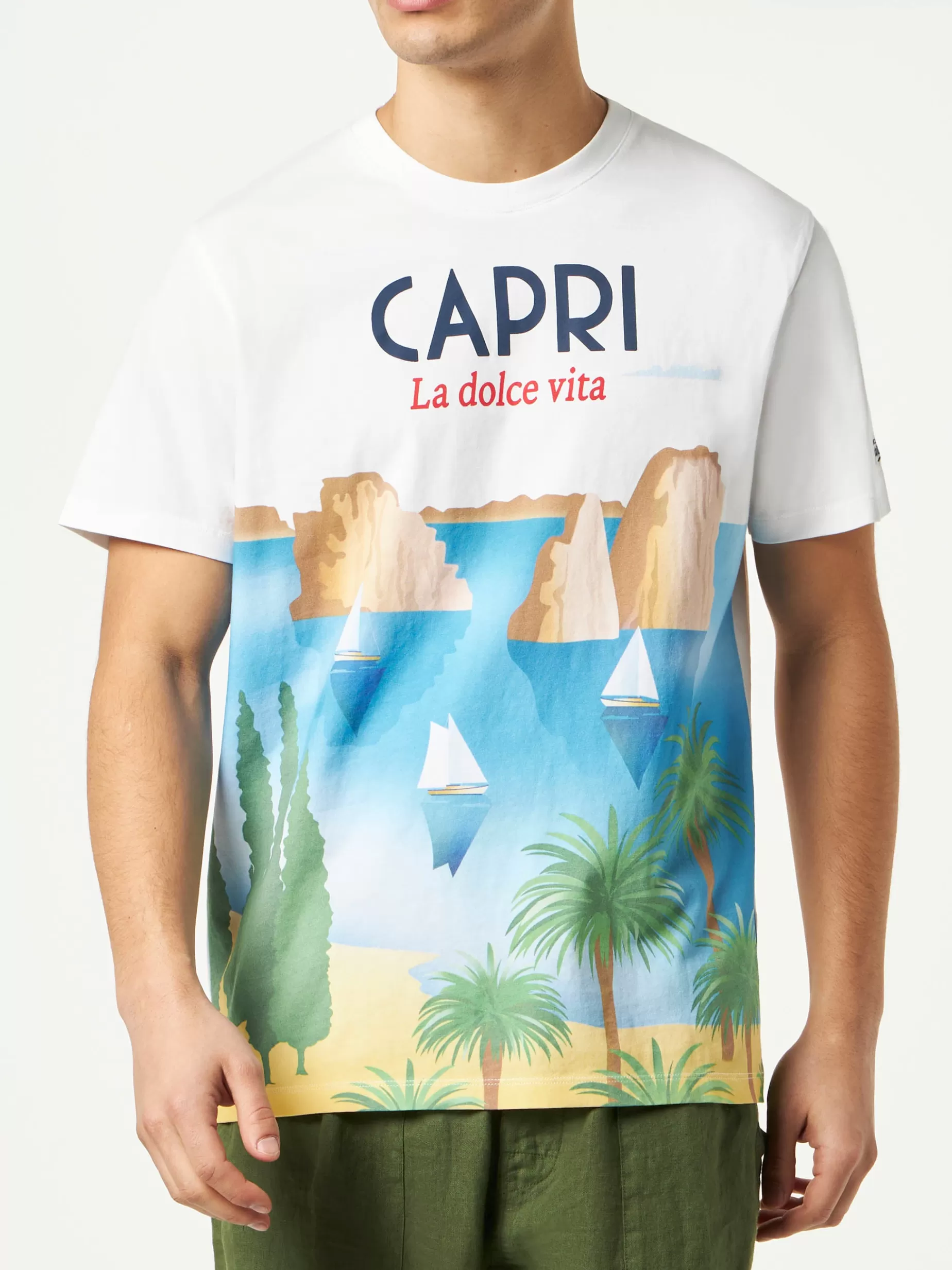 Flash Sale T-shirt da uomo in cotone con stampa cartolina Capri Uomo T-shirts | Abbigliamento