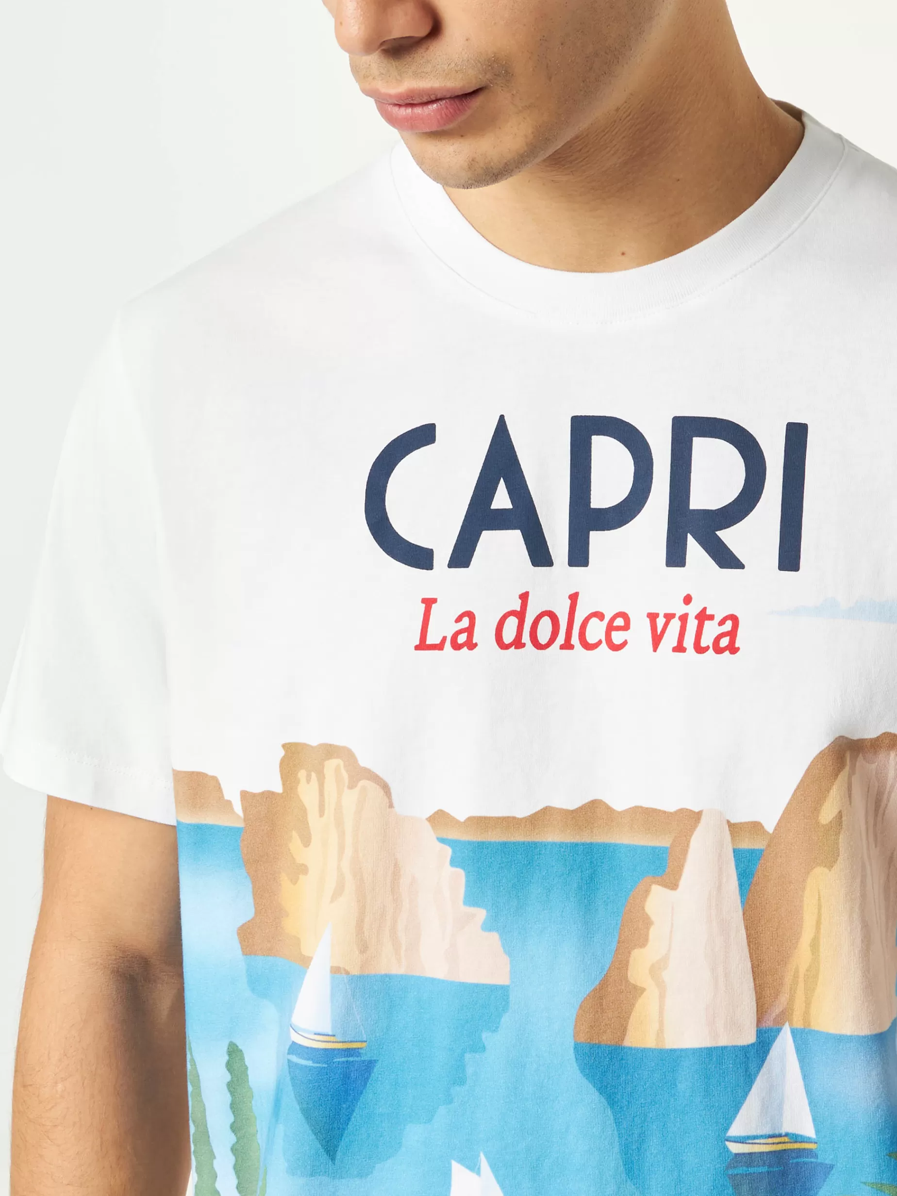 Flash Sale T-shirt da uomo in cotone con stampa cartolina Capri Uomo T-shirts | Abbigliamento