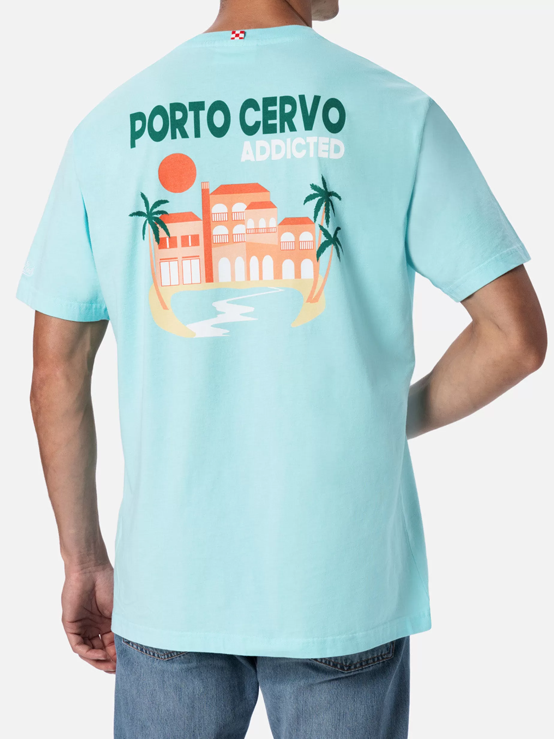 Store T-shirt da uomo in cotone con stampa piazzata cartolina Porto Cervo Addicted Uomo T-shirts | Abbigliamento