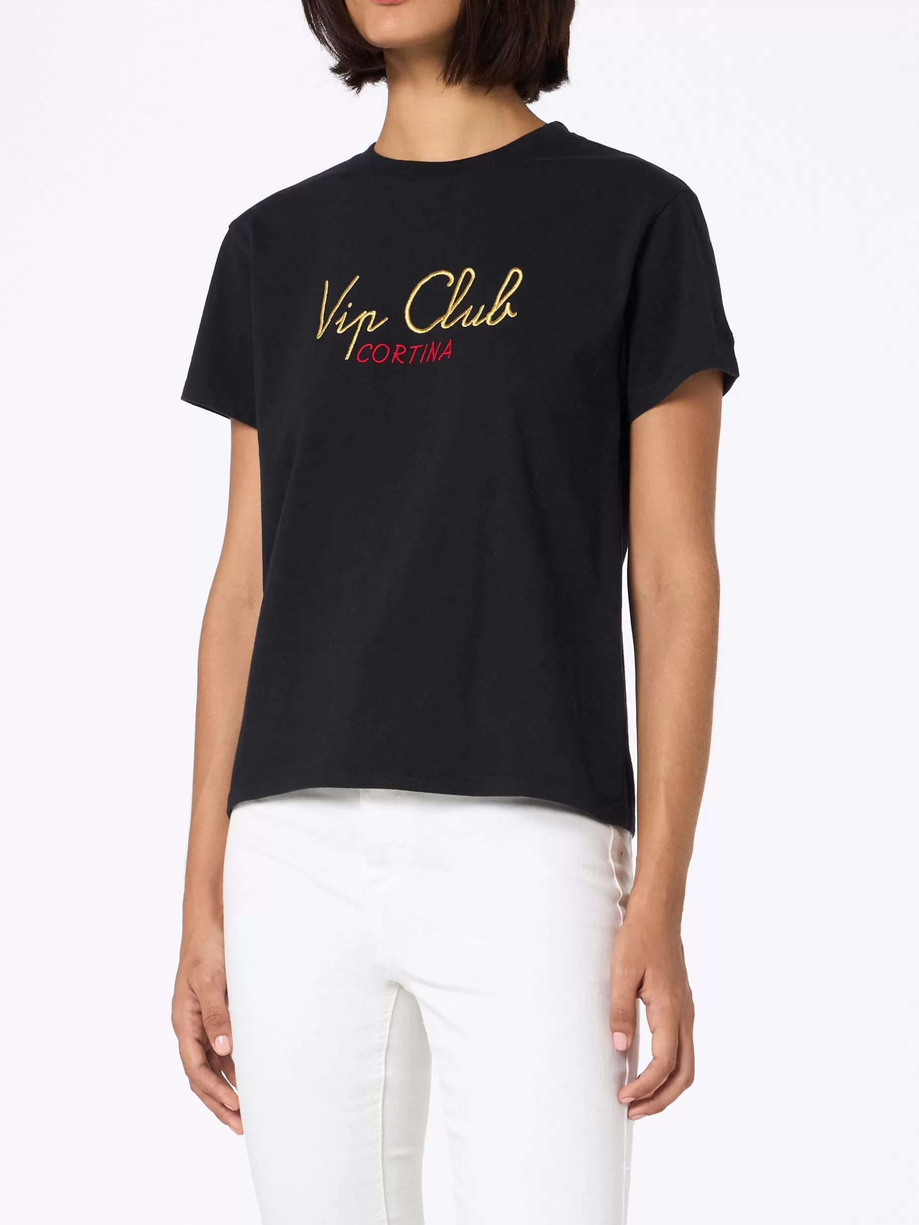 Best Sale T-shirt nera da donna in cotone pesante Emilie con ricamo Vip Club Cortina | VIP CLUB CORTINA SPECIAL EDITION Donna T-shirt