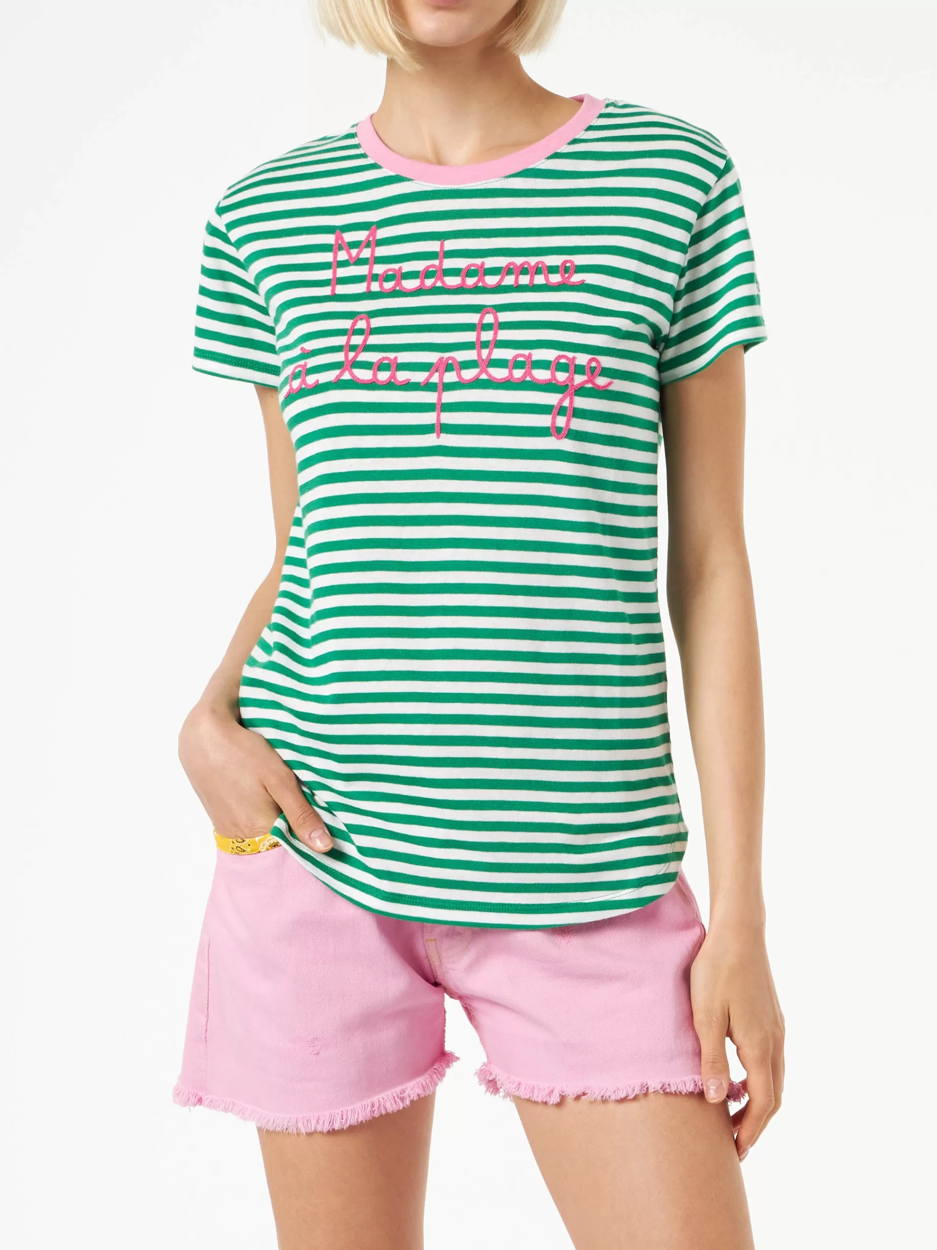 Sale T-shirt verde in cotone con ricamo Madame à la plage Donna T-shirt